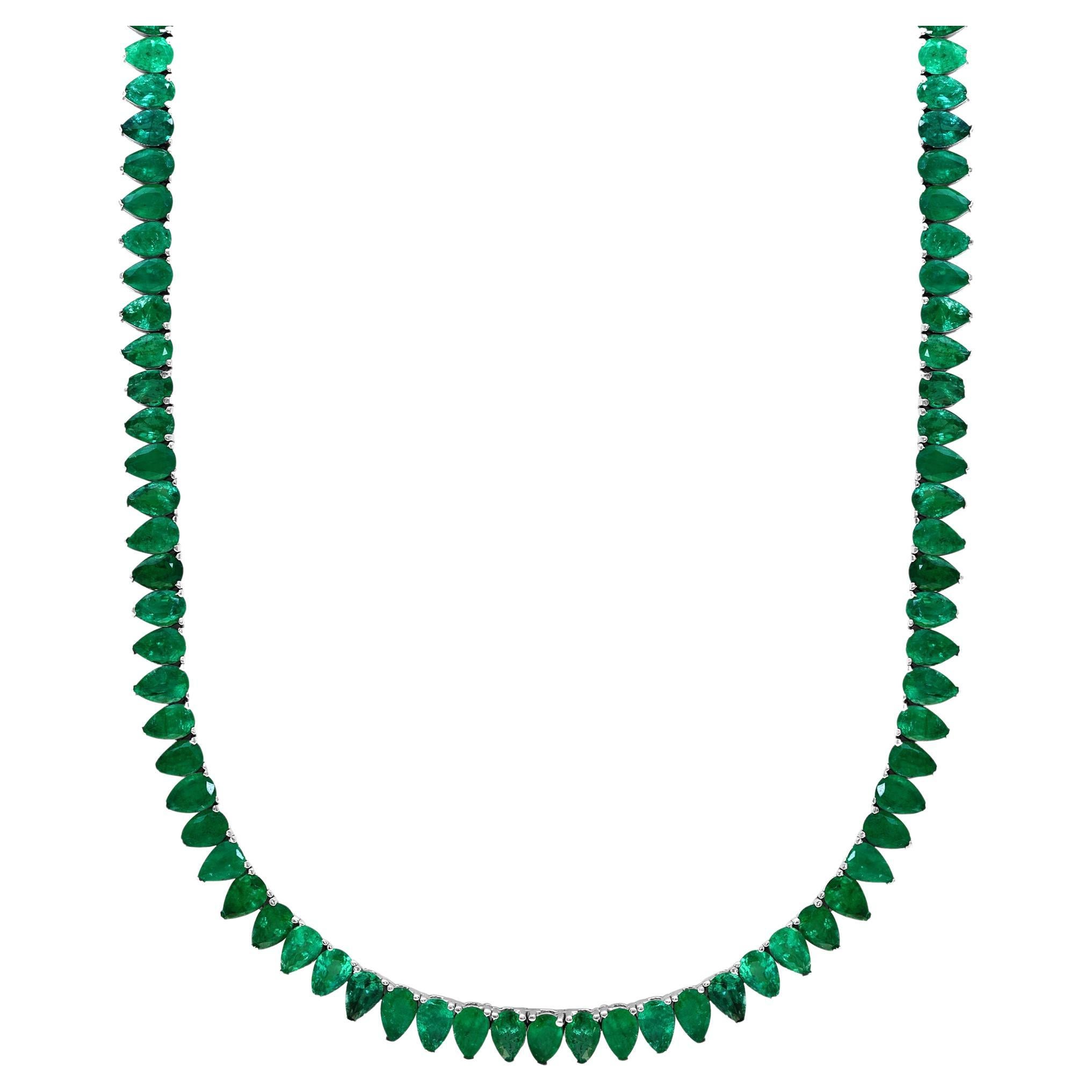 45 Carat Natural Pear Brazilian Emerald Tennis Necklace 14KWG , 16" Long For Sale