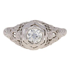 Antique .45 Carat Old European Cut Diamond Art Deco Ring 18 Karat White Gold Solitaire
