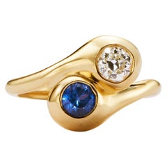 .45 Carat Old European Diamond and Montana Sapphire Toi et Moi Gold Ring