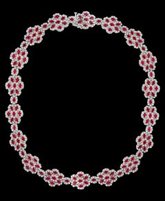 45 Carat Oval Cut Ruby and 28 Carat Diamond Necklace Suite 18 Karat Gold, Bridal