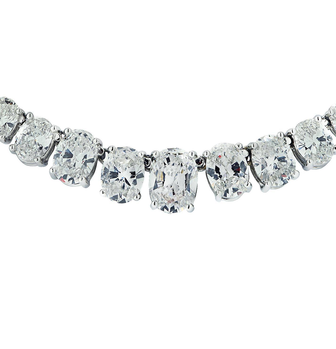 Exquisite Oval Diamond Riviere Necklace crafted in Platinum showcasing 85 sensational Oval Cut diamonds weighing 45 carats total, E-F-G color, VS-SI clarity. The middle 8 diamonds are certified by the GIA. Each diamond was carefully selected,