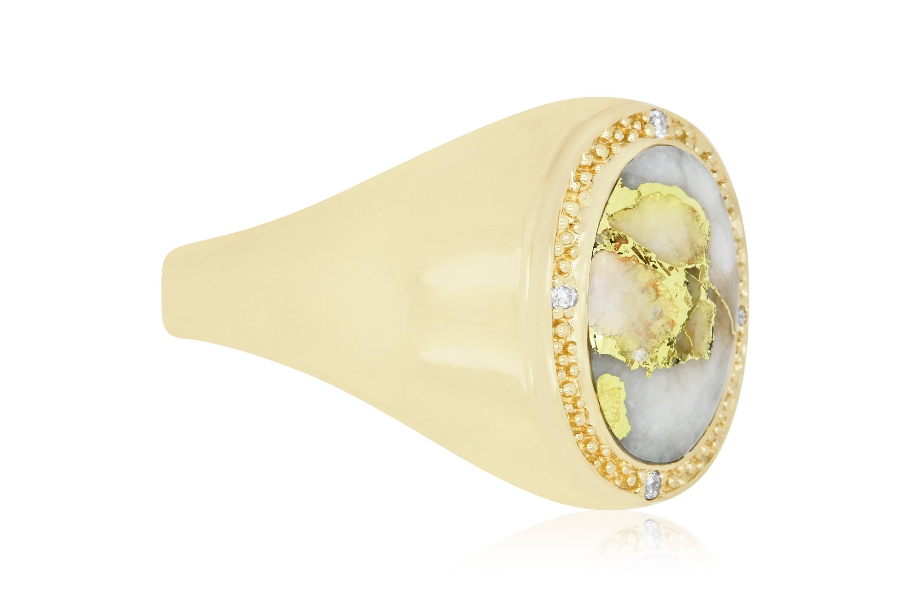 This unique Gold in Quartz stone weighs in at 4.5 carats. Set in a 14k Yellow Gold with 4 white diamonds, it is a guaranteed show stopper!

Material: 14k Yellow Gold
Gemstones: 1 Oval Gold in Quartz at 4.5 Carats.
Diamonds: 4 Brilliant Round White