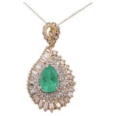4.5 Carat Pear Cut Colombian Emerald & Diamond 18K Gold Pendant Necklace