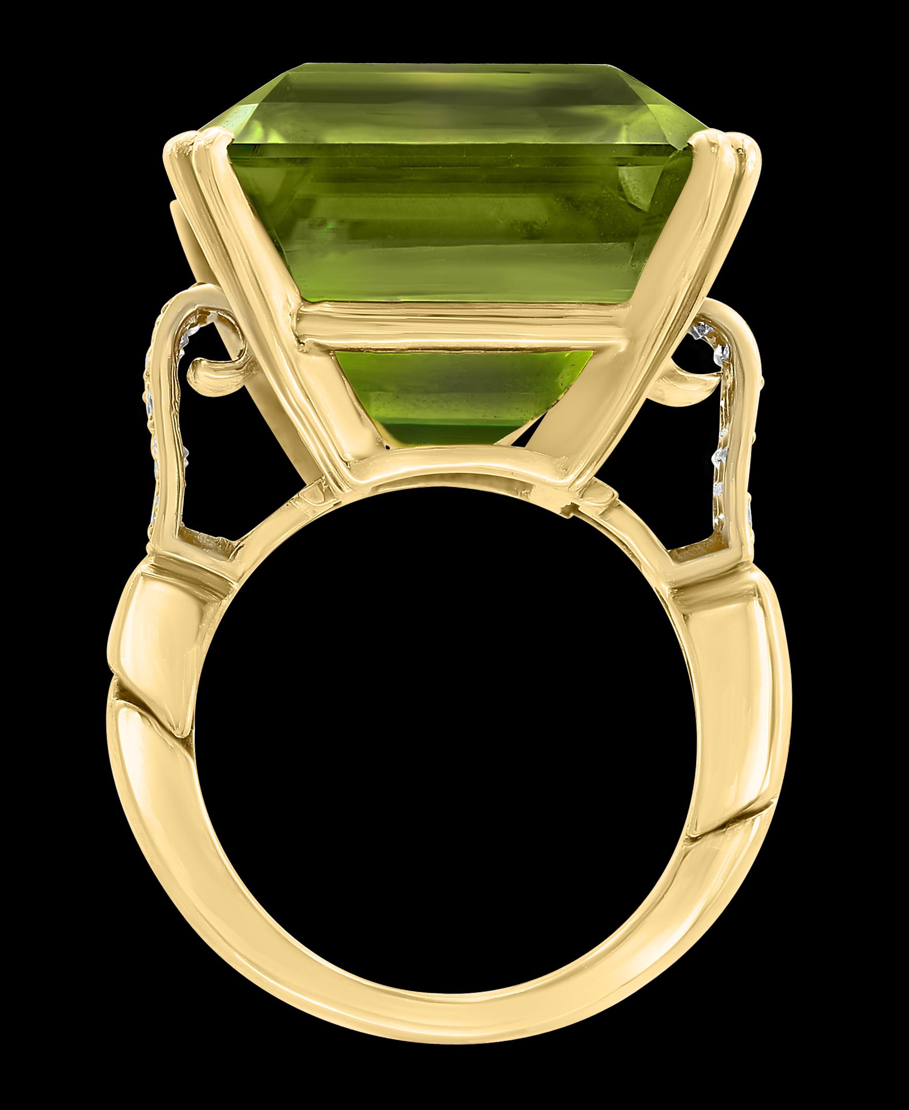 A classic, Cocktail ring 
Huge 32.6  Carat of very clean no inclusion  Peridot full of luster and shine  and Diamond ring
Gold: 18 carat Yellow gold 
Weight: 13 gram
Ring is adjustable ( look at the picture )
 Diamonds: approximate 0.70 Carat ,
