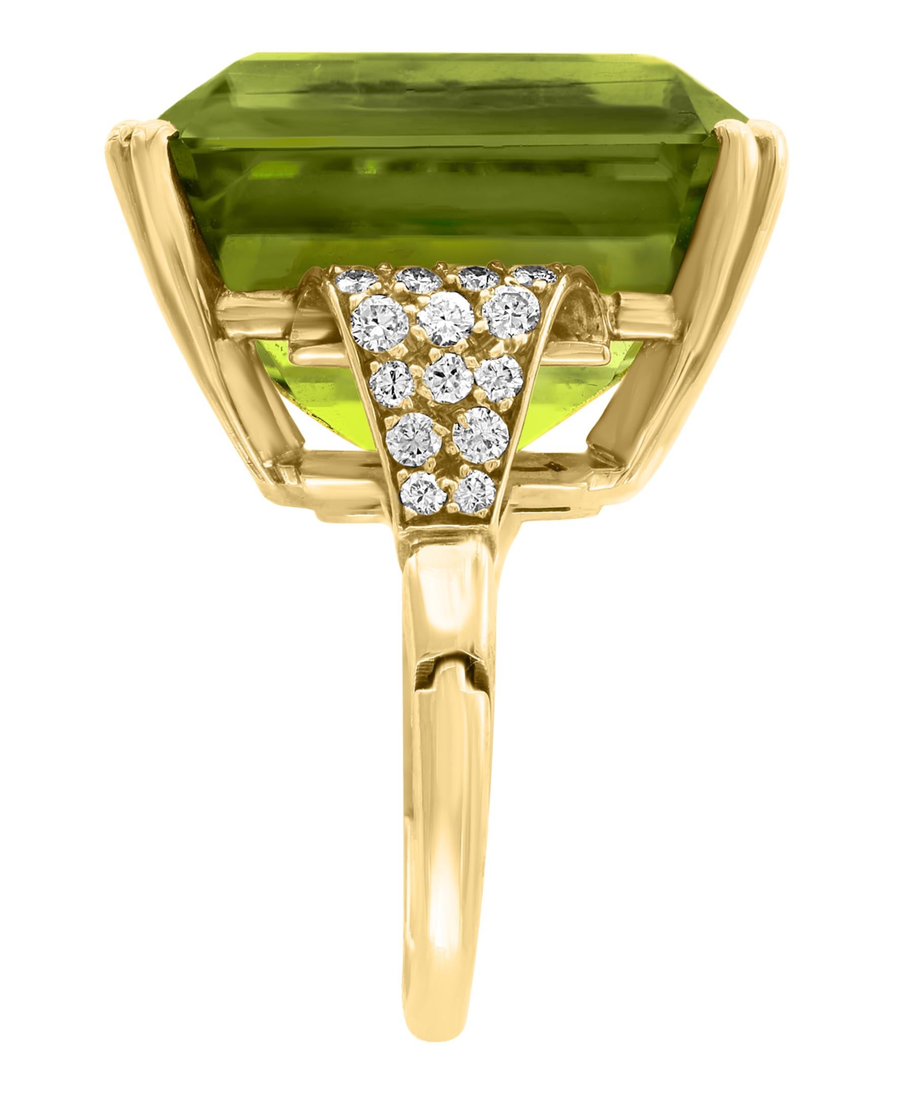 Emerald Cut 32.6 Carat Peridot and Diamond 18 Karat Yellow Gold Cocktail Ring Estate Adjust