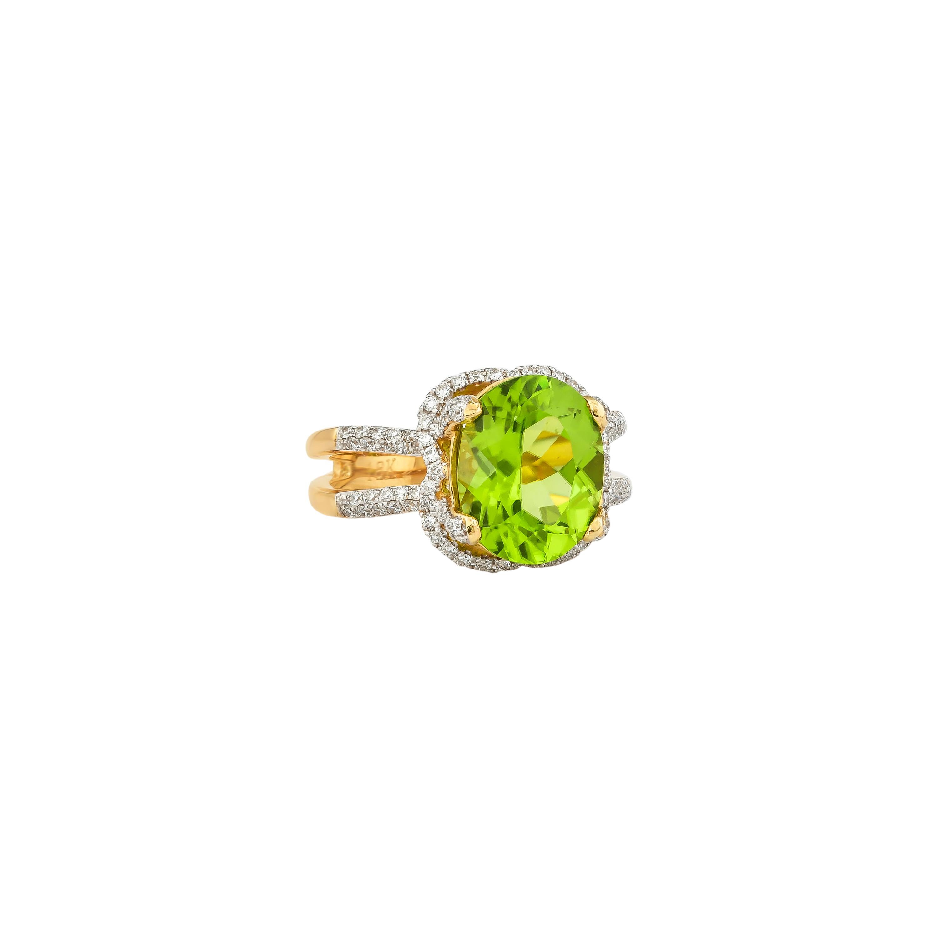 This collection features an array of pretty peridot rings! Accented with diamonds these rings are made in yellow gold and present a vibrant and fresh look. 

Classic peridot ring in 18K yellow gold with diamonds. 

Peridot: 4.5 carat oval