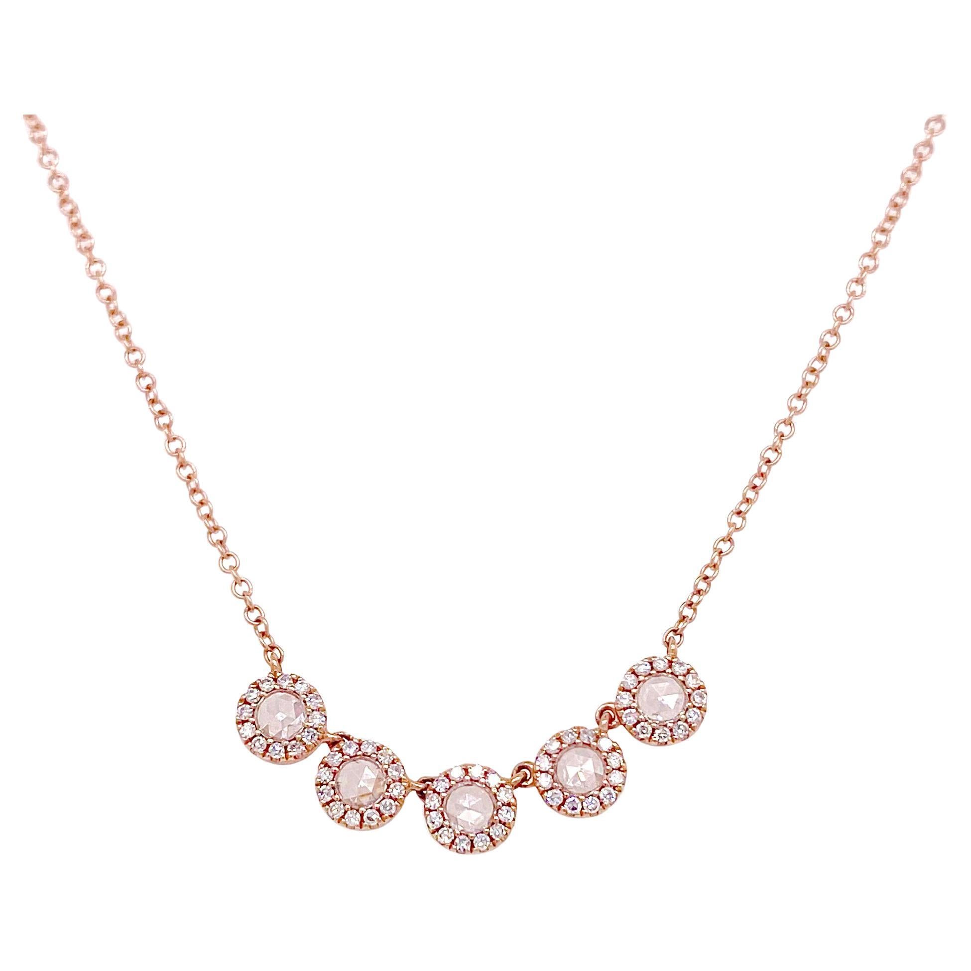 .45 Carat Rose Cut Diamond Halo Necklace, 14K Rose Gold, Adjustable For Sale