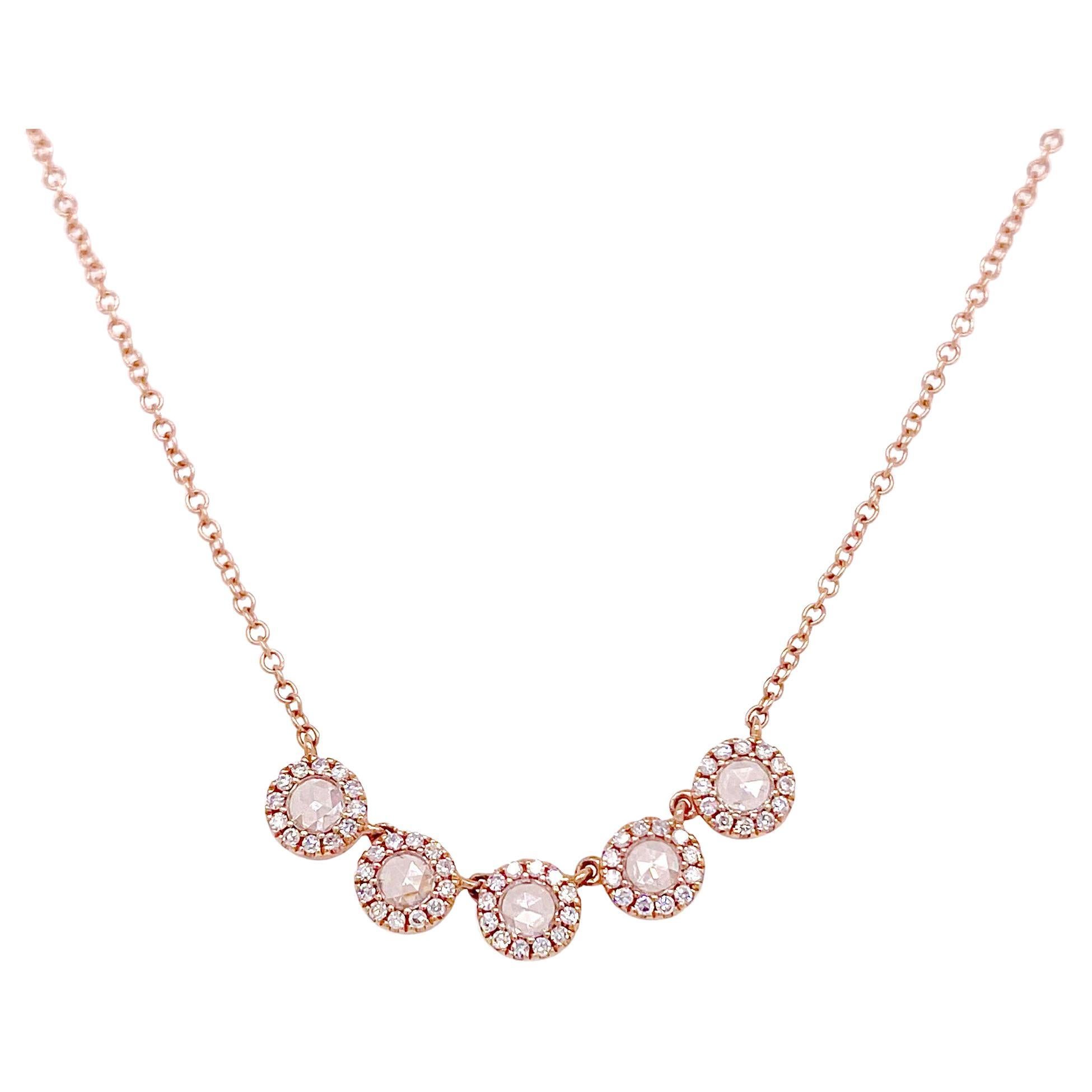 Collier halo de diamants taille rose de 0,45 carat, or rose 14 carats, réglable