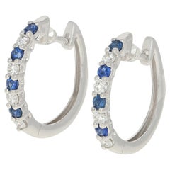 .45 Carat Round Cut Sapphirand Diamond Earrings, 14k Gold Pierced Huggie Hoops