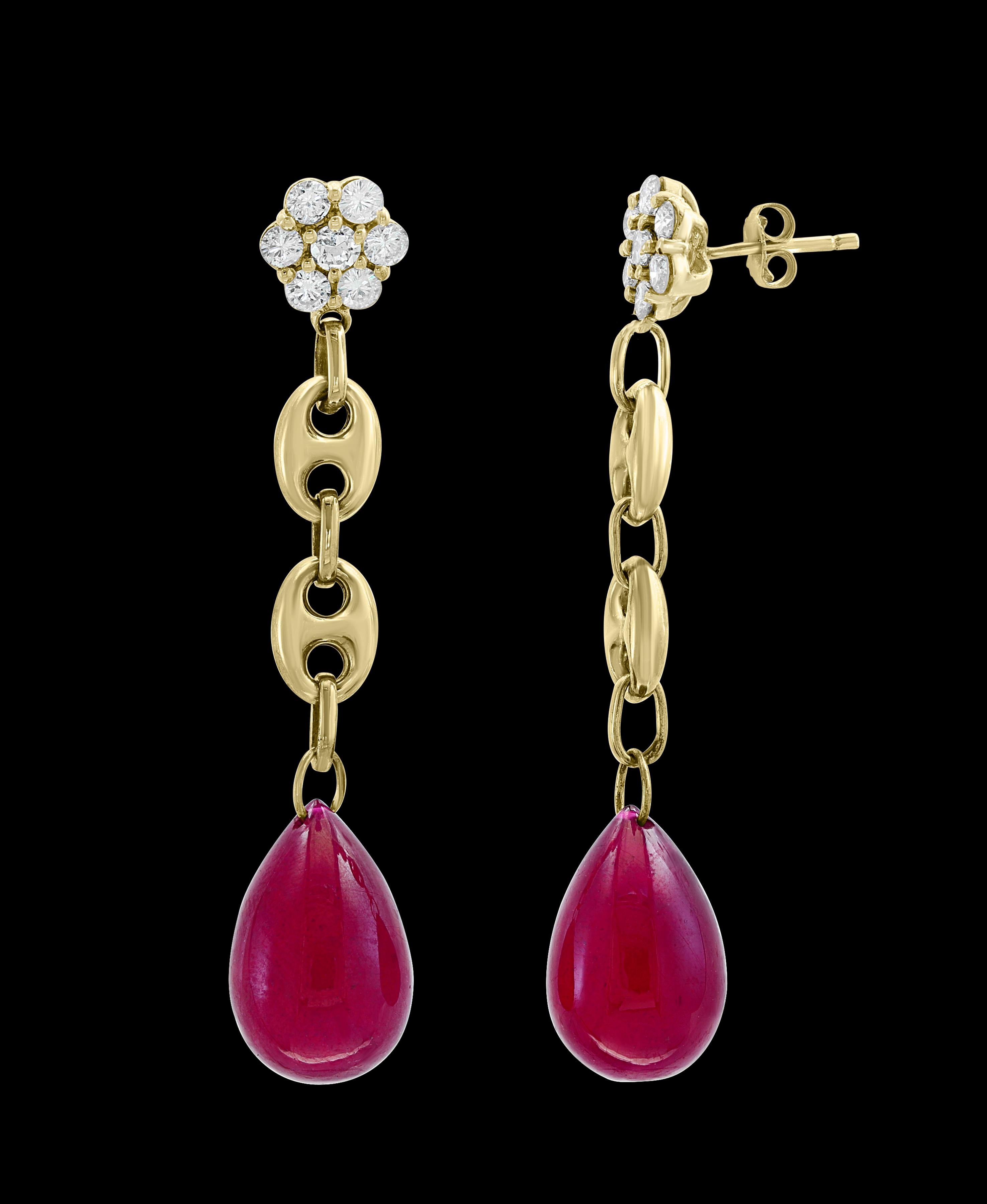 Oval Cut 45 Carat Ruby Drop and Diamond Hanging/Chandelier Earrings 14 Karat Yellow Gold For Sale