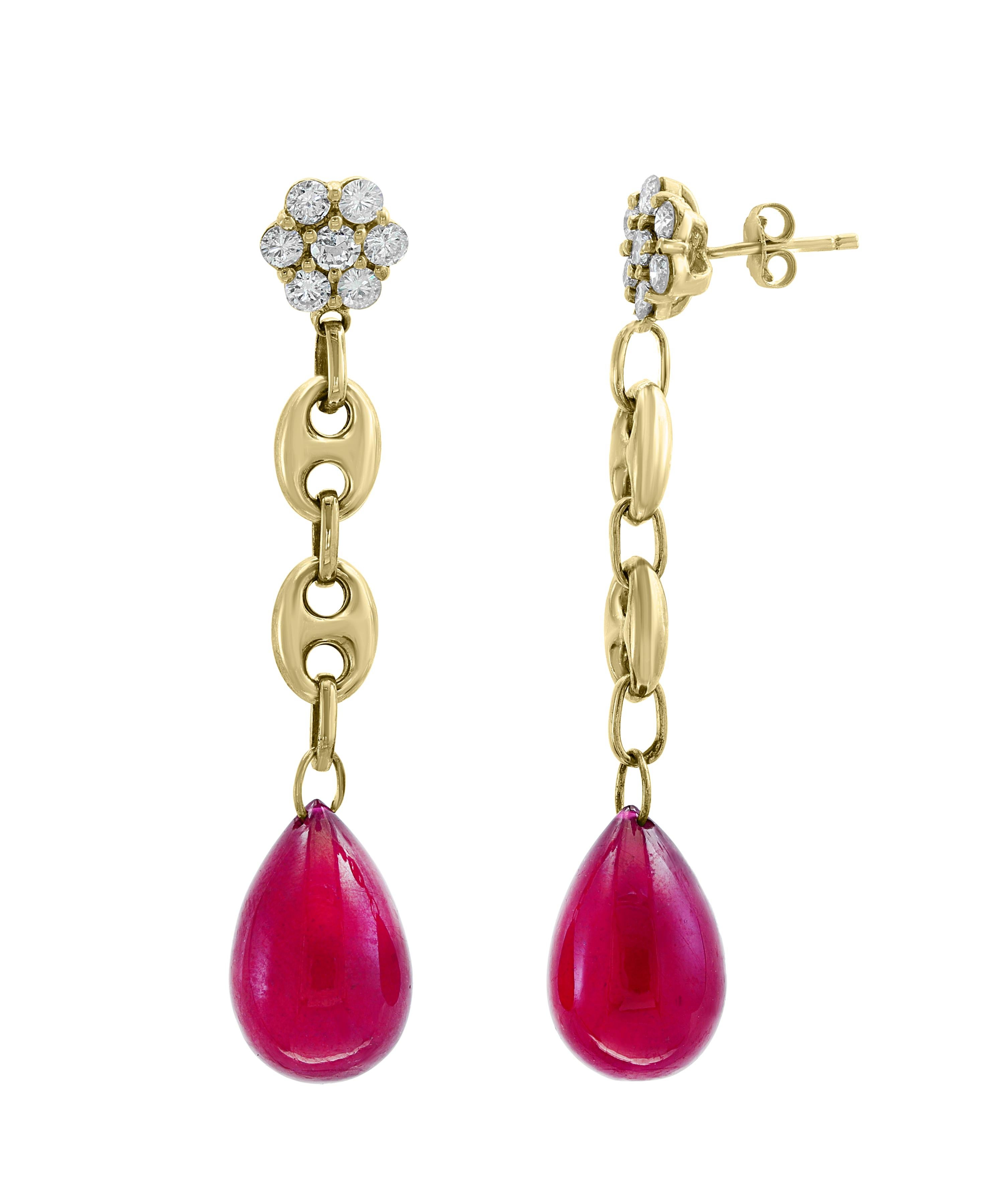 45 Carat Ruby Drop and Diamond Hanging/Chandelier Earrings 14 Karat Yellow Gold In Excellent Condition For Sale In New York, NY