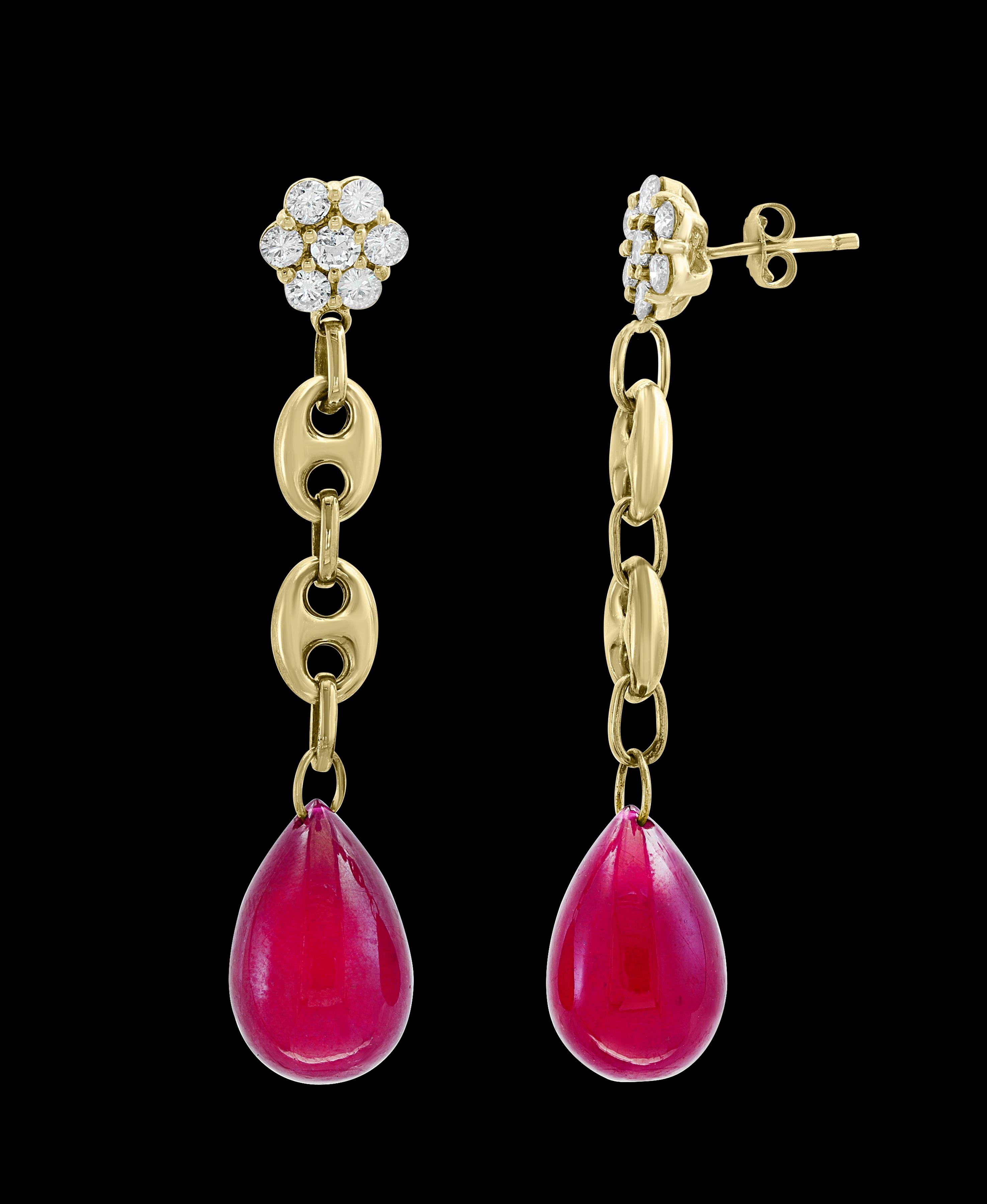 Women's 45 Carat Ruby Drop and Diamond Hanging/Chandelier Earrings 14 Karat Yellow Gold For Sale