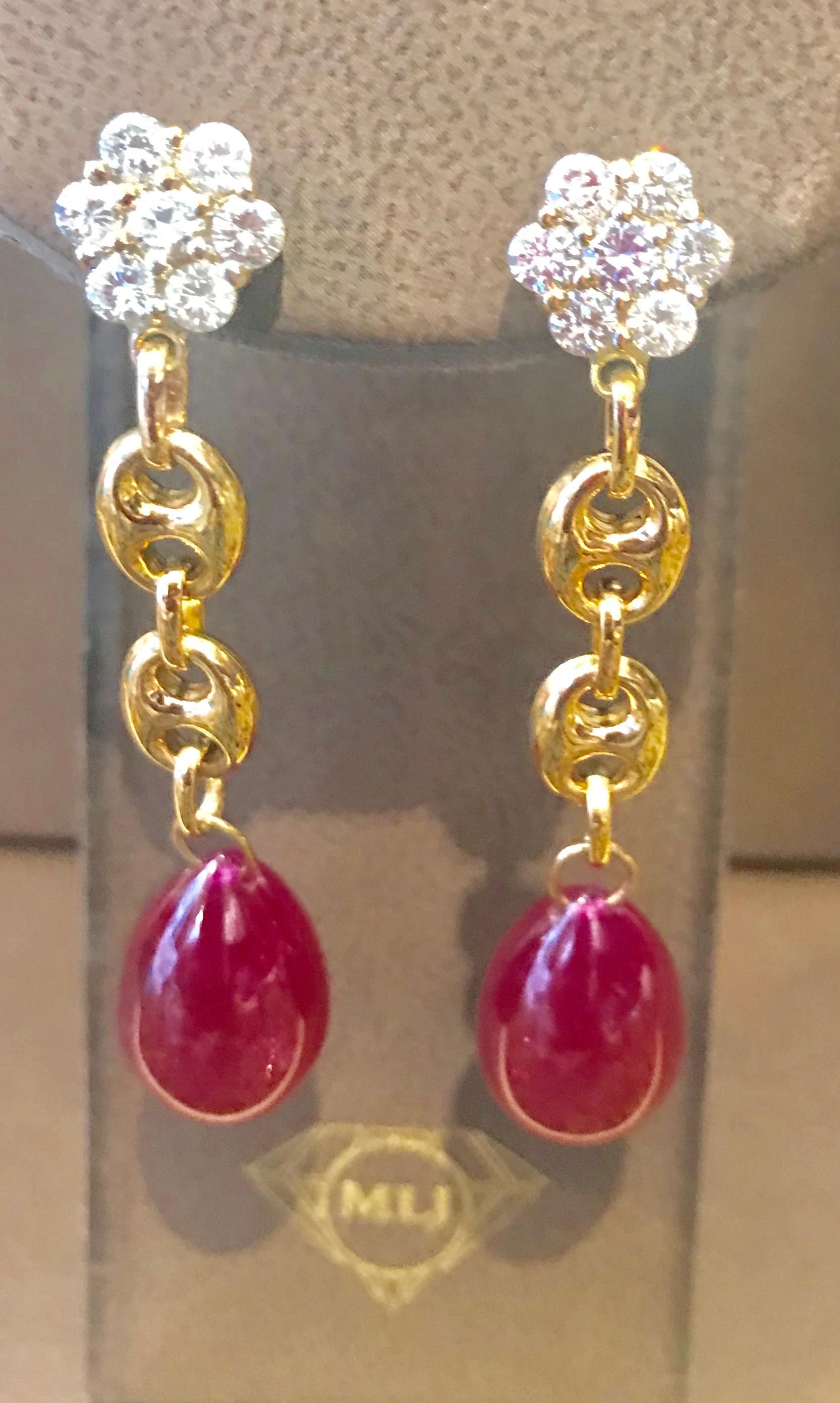 45 Carat Ruby Drop and Diamond Hanging/Chandelier Earrings 14 Karat Yellow Gold For Sale 1