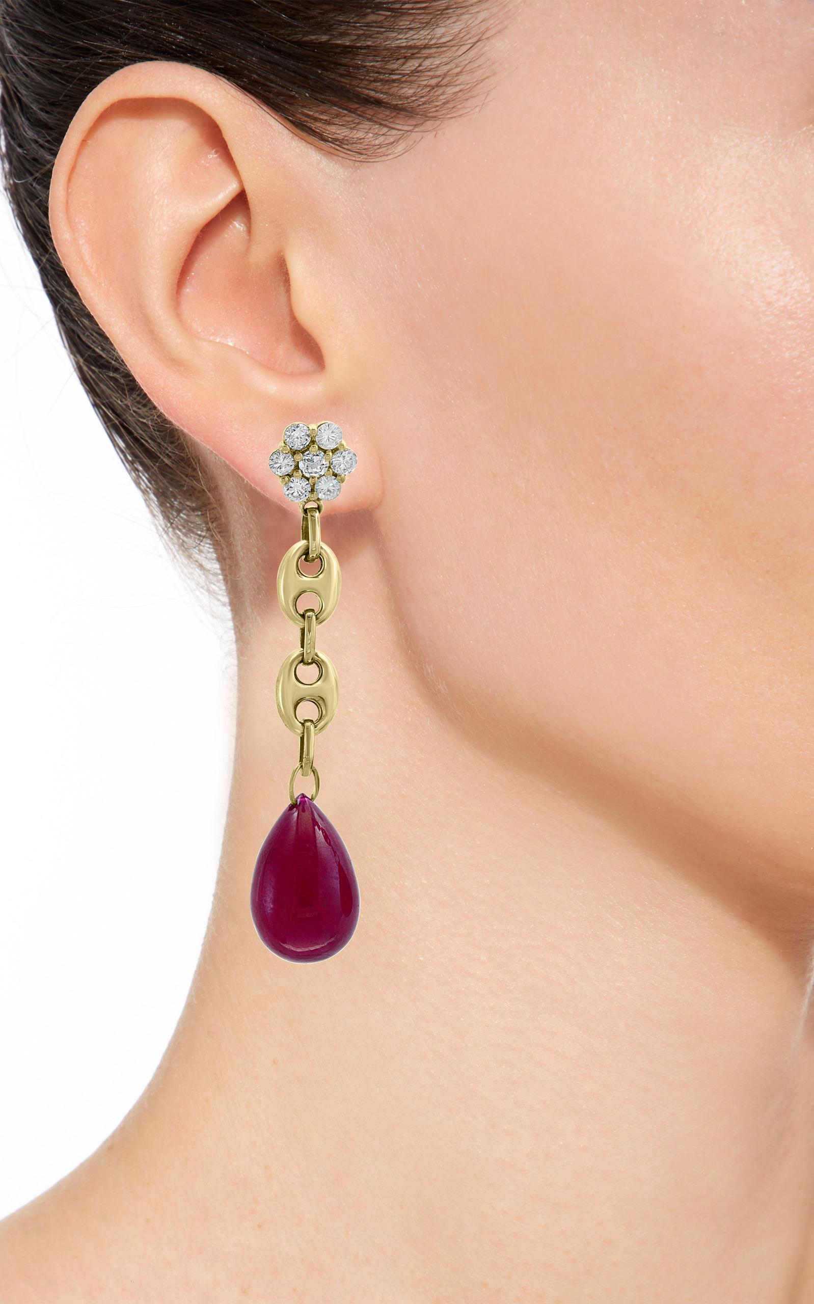 45 Carat Ruby Drop and Diamond Hanging/Chandelier Earrings 14 Karat Yellow Gold For Sale 2