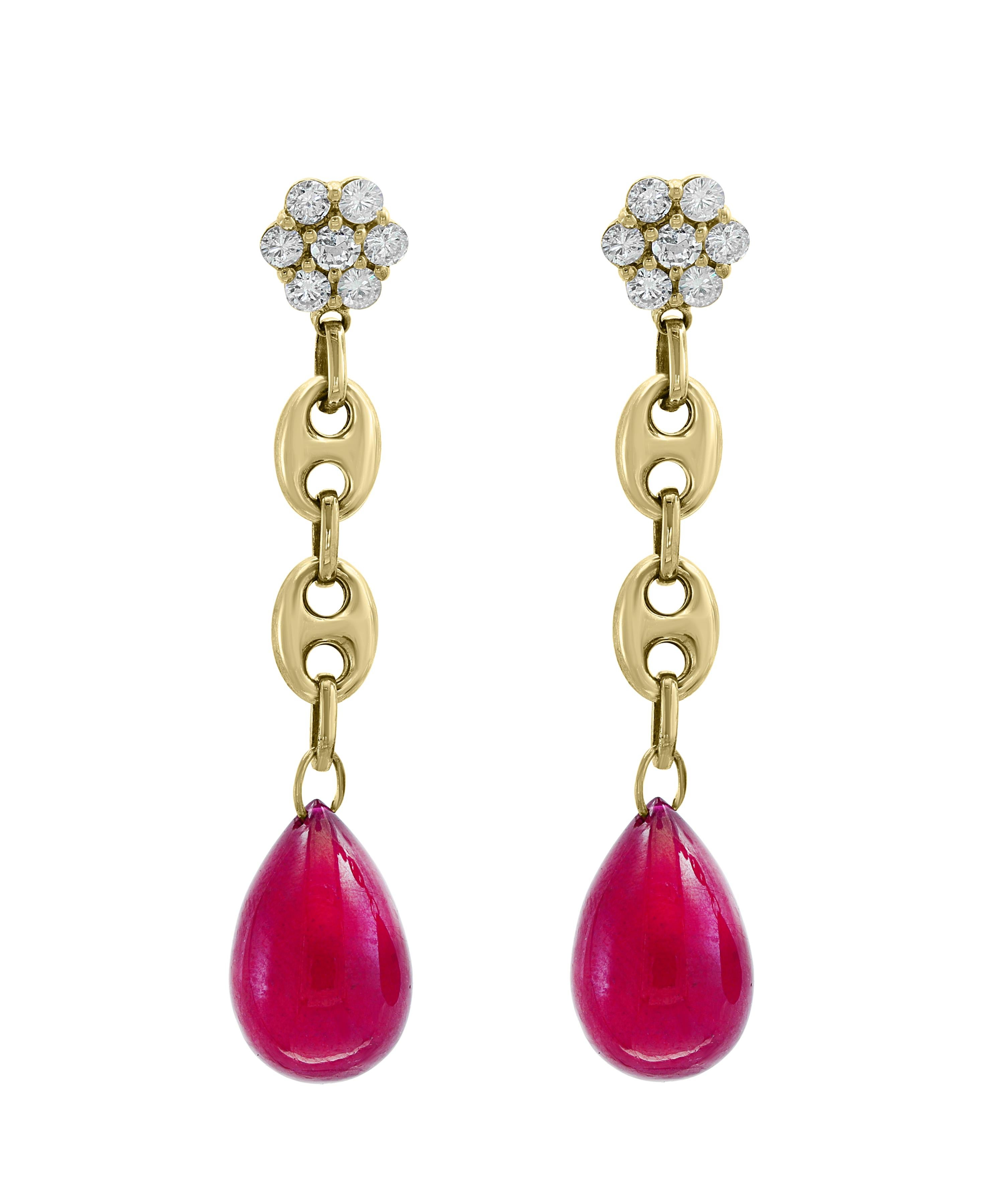 45 Carat Ruby Drop and Diamond Hanging/Chandelier Earrings 14 Karat Yellow Gold For Sale 3