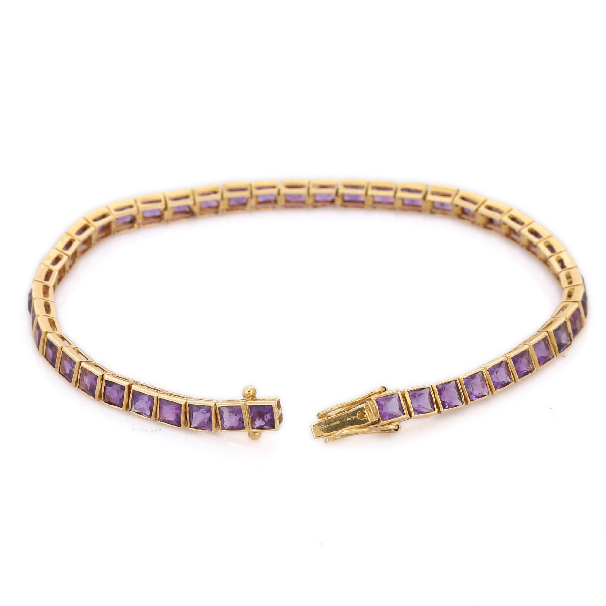 Amethyst bracelet in 18K Gold. It has a perfect square cut gemstone to make you stand out on any occasion or an event. 
A tennis bracelet is an essential piece of jewelry when it comes to your wedding day. The sleek and elegant style complements the