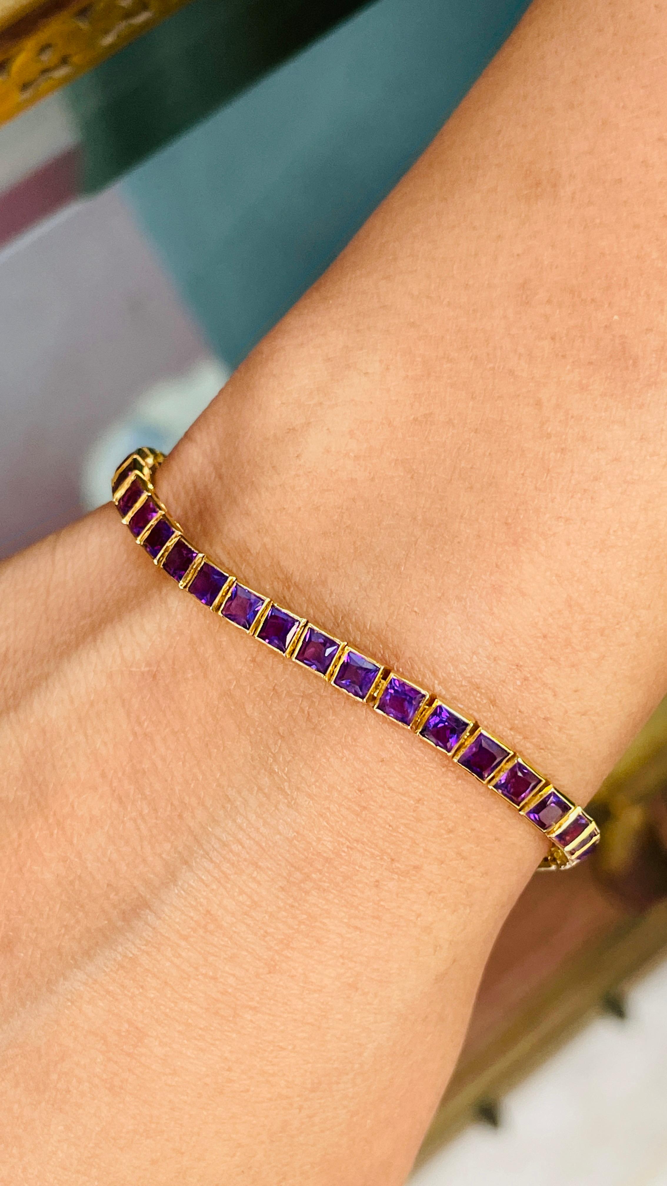 Moderno Bracciale tennis con ametista viola da 4,5 carati a taglio quadrato in oro giallo 18 carati in vendita