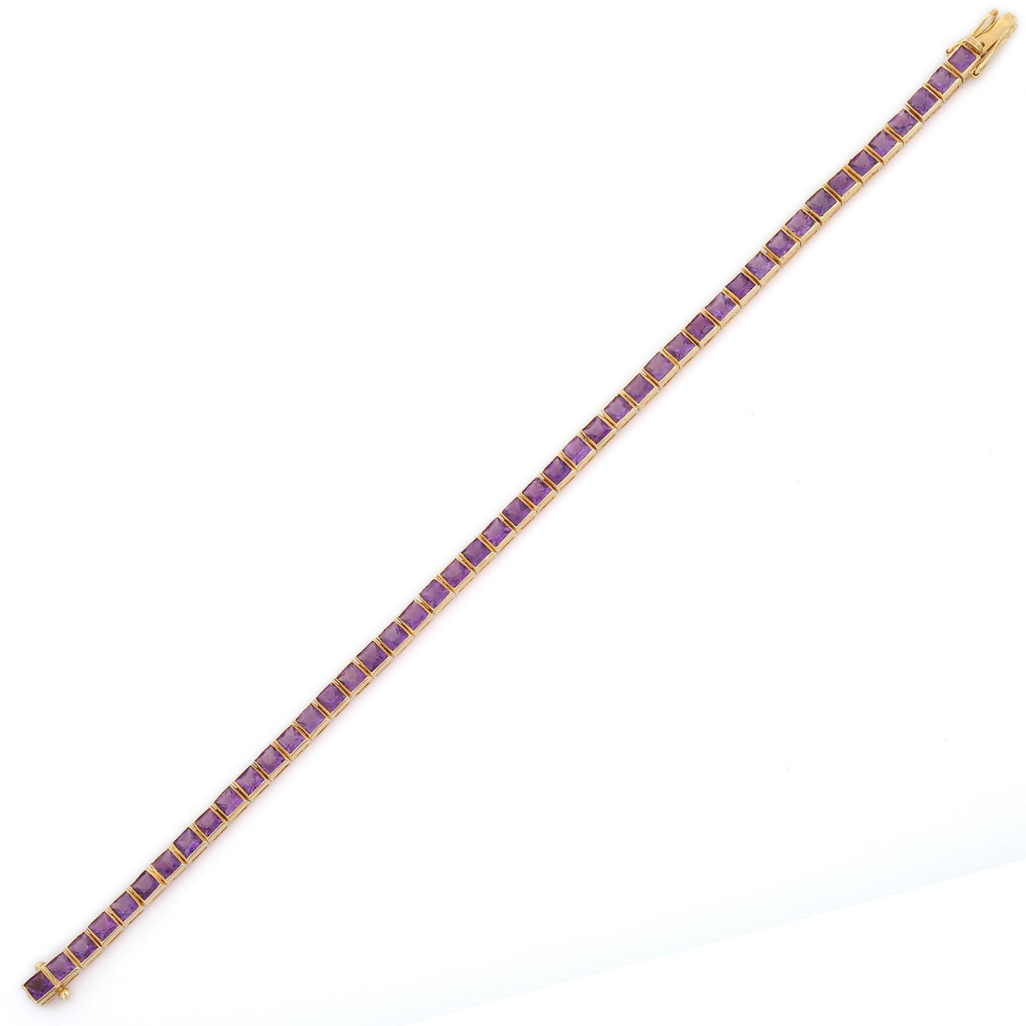 Bracciale tennis con ametista viola da 4,5 carati a taglio quadrato in oro giallo 18 carati in vendita 1
