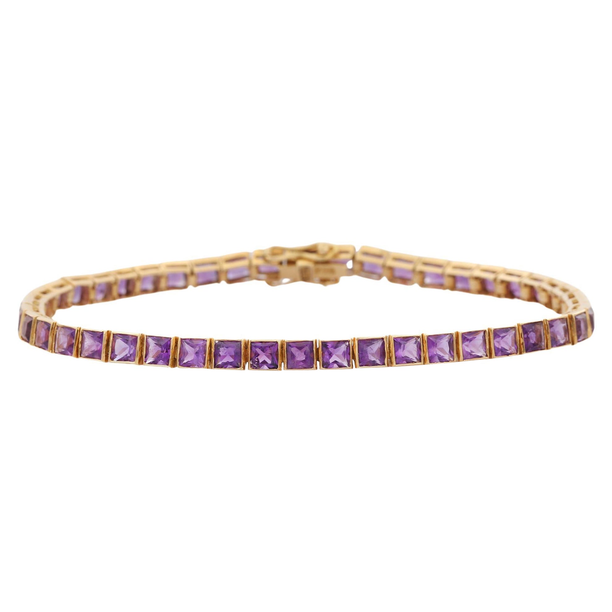 Pulsera de tenis de amatista púrpura de corte cuadrado de 4,5 quilates en oro amarillo de 18 quilates