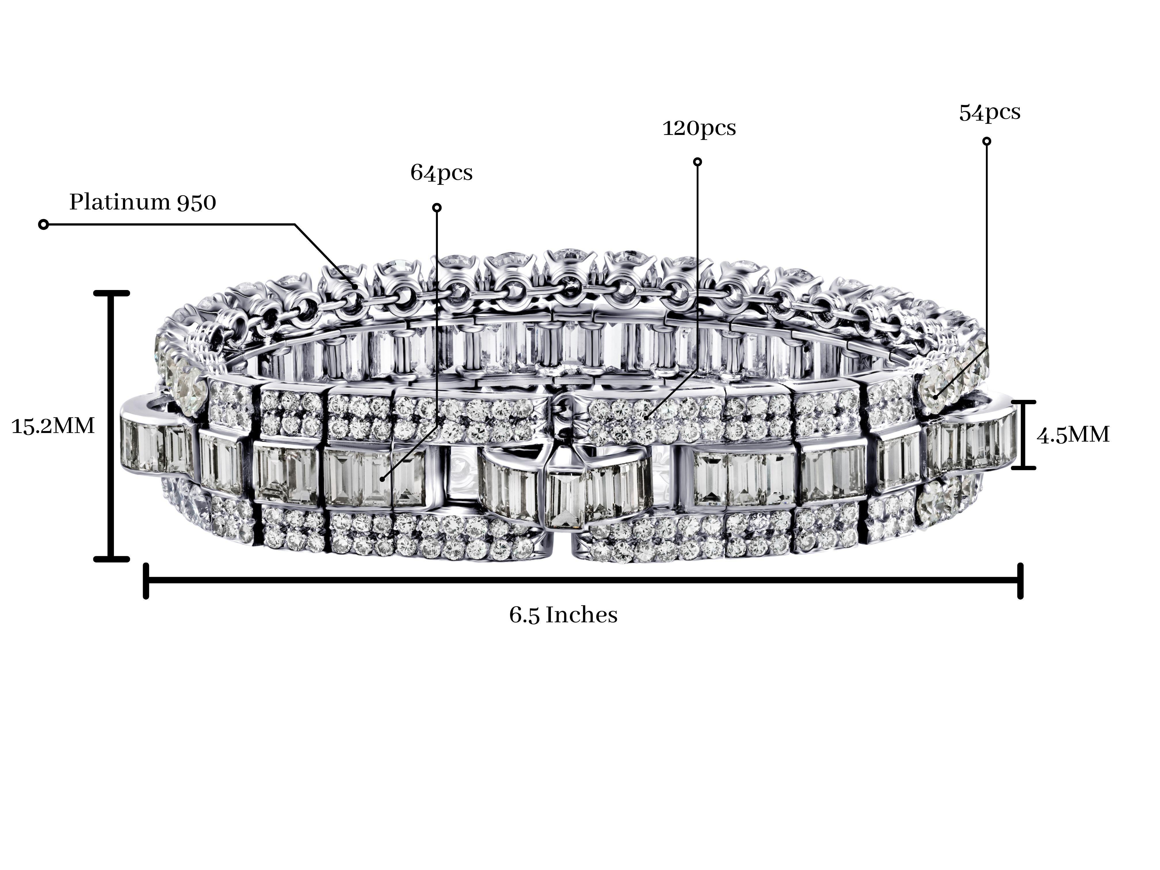 Moderne Bracelet en platine 950 avec diamants naturels taille baguette et ronde de 45 carats poids total en vente