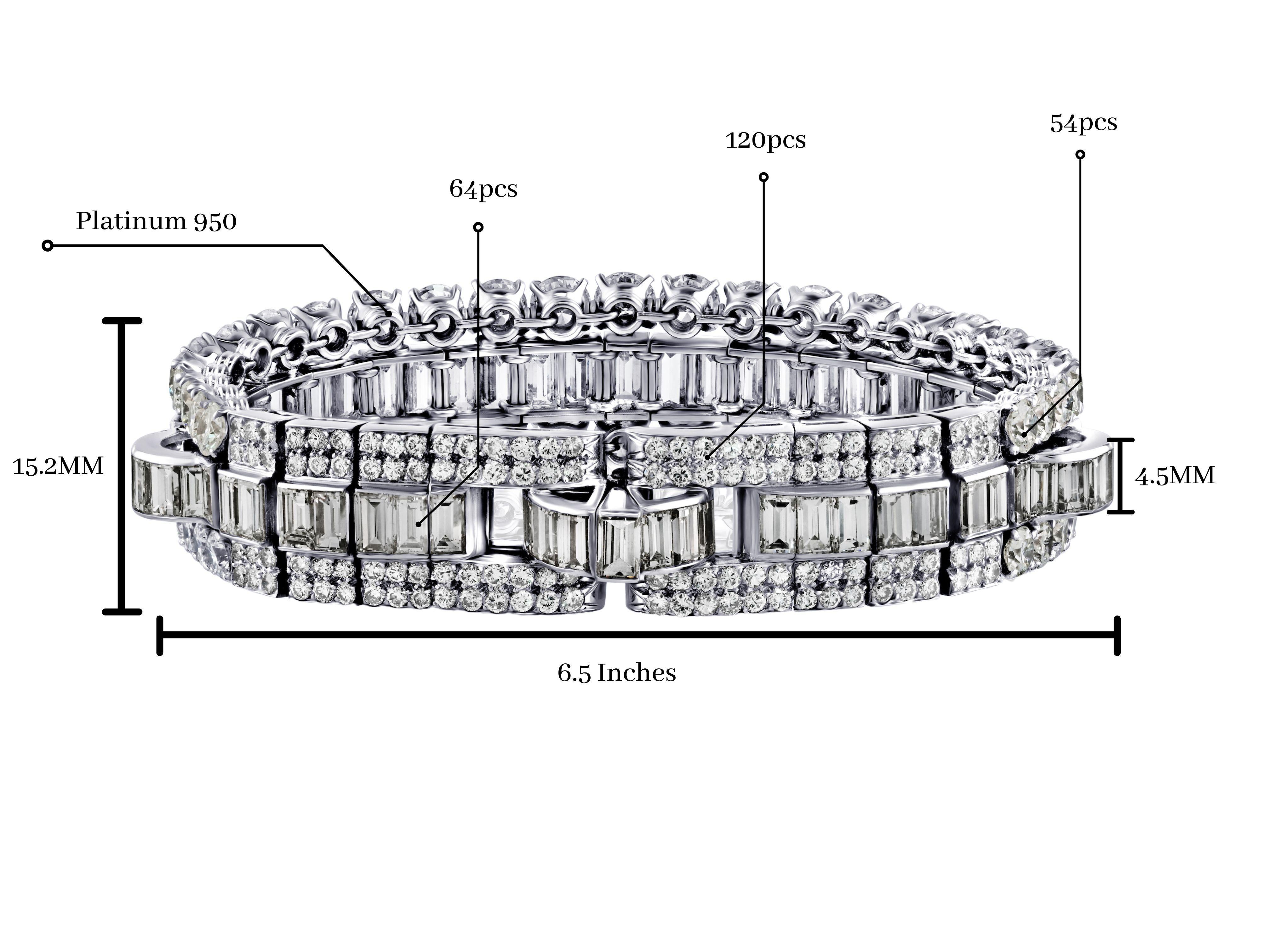 Modern 45 Carat TW Baguette and Round Cut Natural Diamond Bracelet in Platinum 950 For Sale