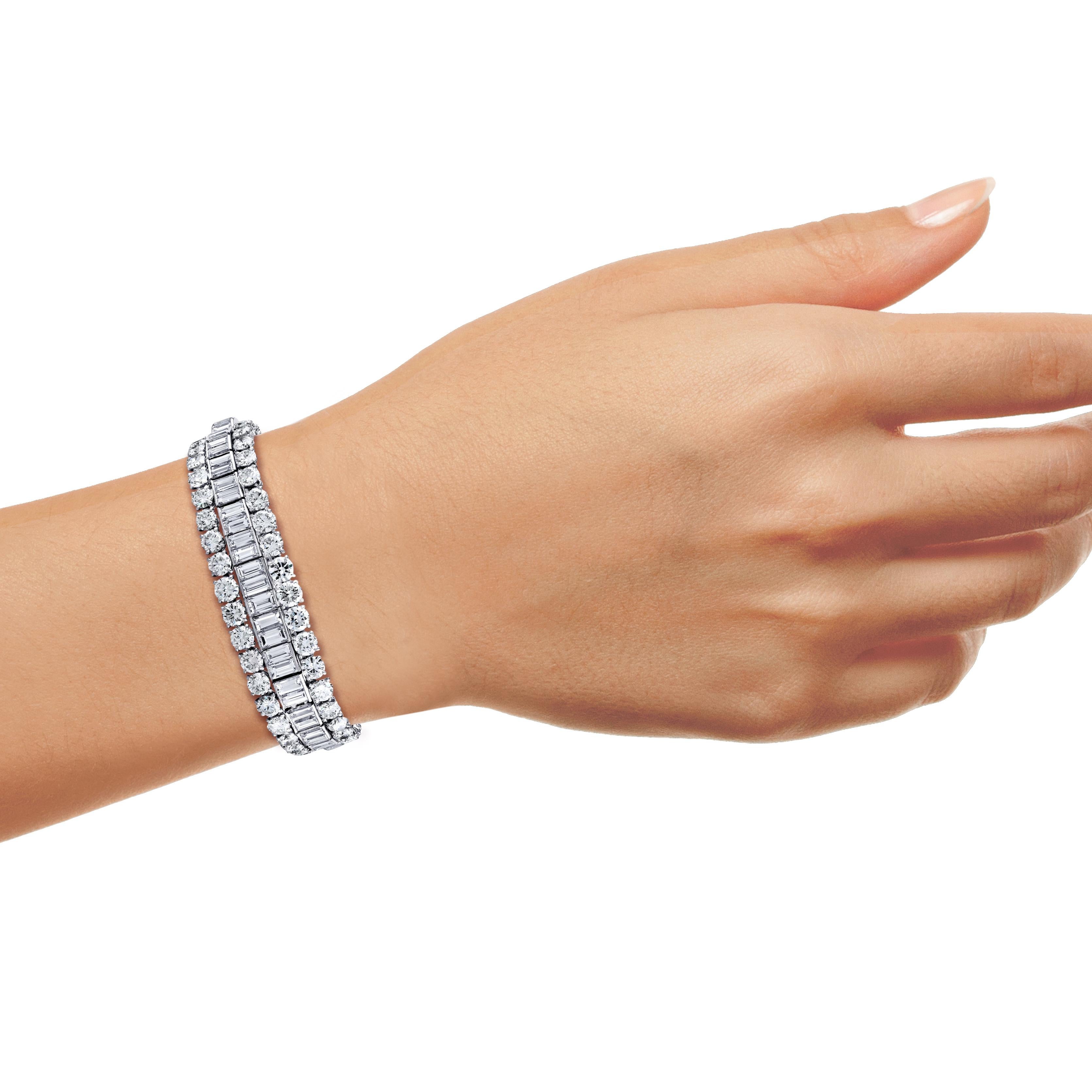 Baguette Cut 45 Carat TW Baguette and Round Cut Natural Diamond Bracelet in Platinum 950 For Sale