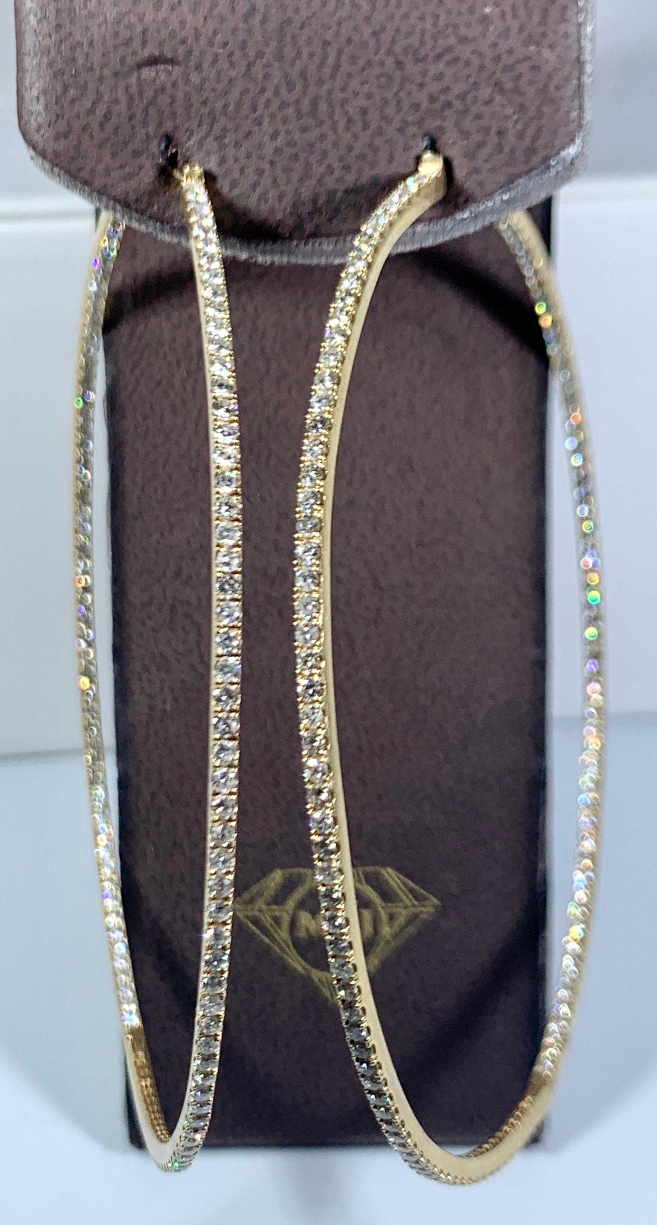 Women's 4.5 Carat Very Large Diamond Hoop Gala Cocktail Earrings in 14 Karat Yellow Gold For Sale
