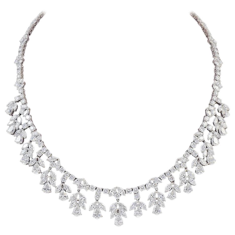 45 Carat VS, E Pear Marquise and Round Diamond Necklace in Platinum, Bridal