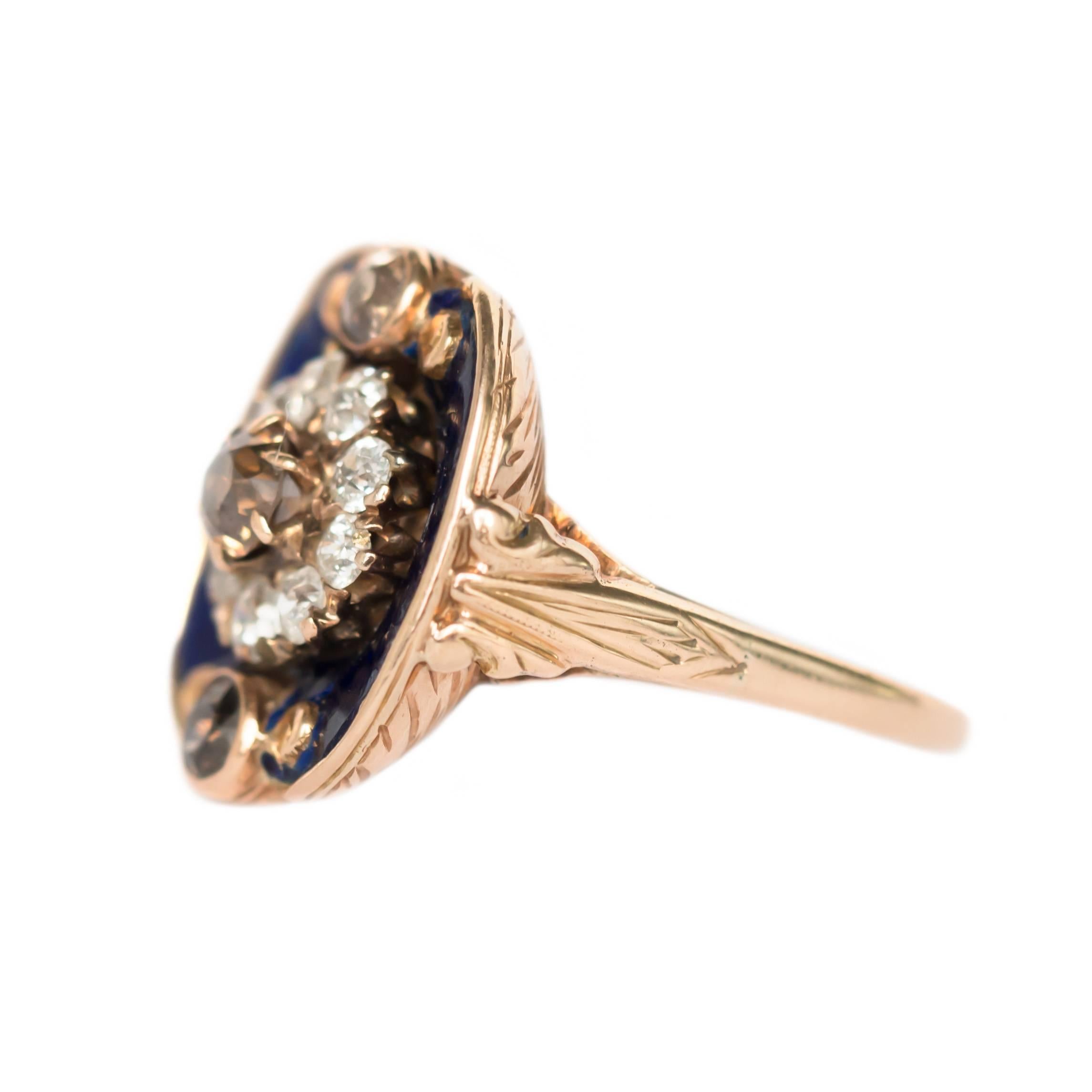Item Details: 
Ring Size: 7.5
Metal Type: 14 Karat Yellow Gold 
Weight: 8.7 grams

Center Diamond Details
Shape: Old European Brilliant 
Carat Weight: .45 carat 
Color: Fancy Brown 
Clarity: SI2

Side Stone Details: 
Shape: Old European Brilliant