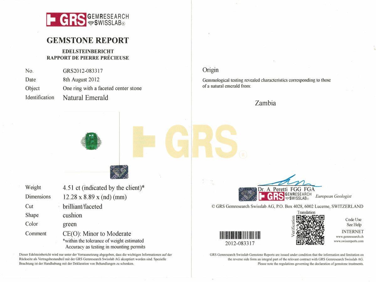 Cushion Cut GRS Certified 4.5 Carat Zambian Emerald & Diamond Ring in 18 Karat White Gold For Sale