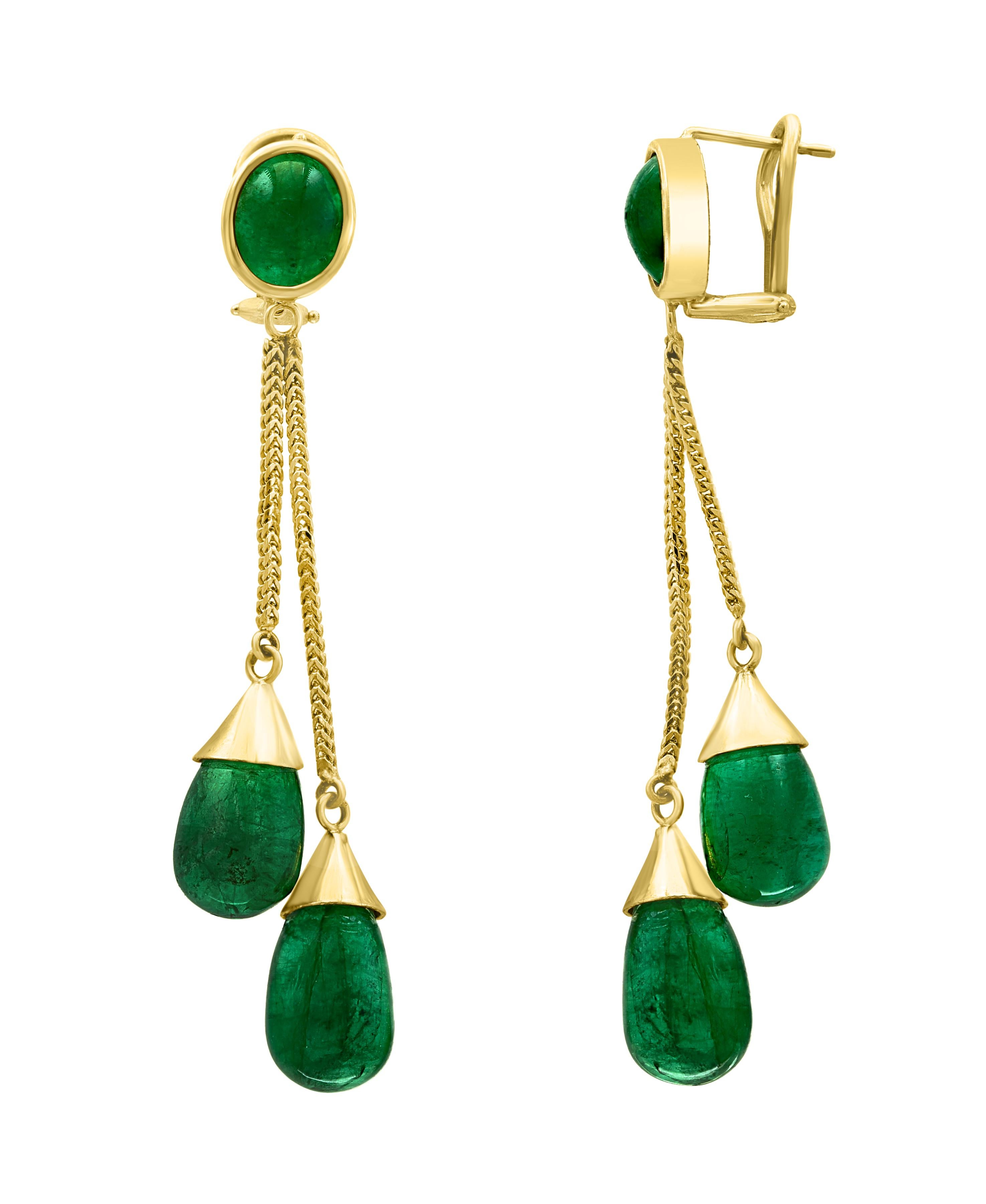 Emerald Cut 45 Carat Emerald  Cabochon Drops Hanging/Drop Earrings 18 Karat Yellow Gold