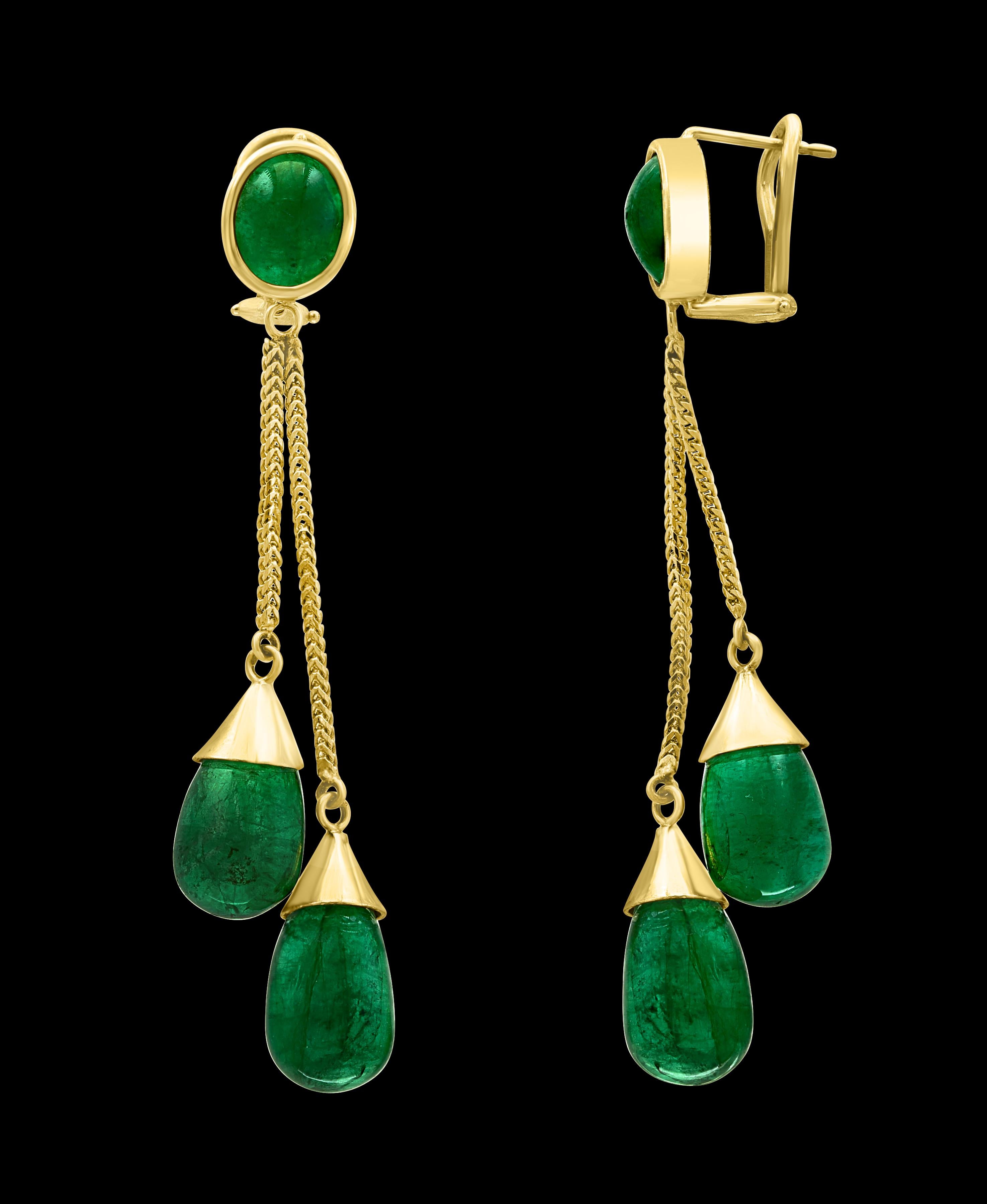 45 Carat Emerald  Cabochon Drops Hanging/Drop Earrings 18 Karat Yellow Gold In Excellent Condition In New York, NY