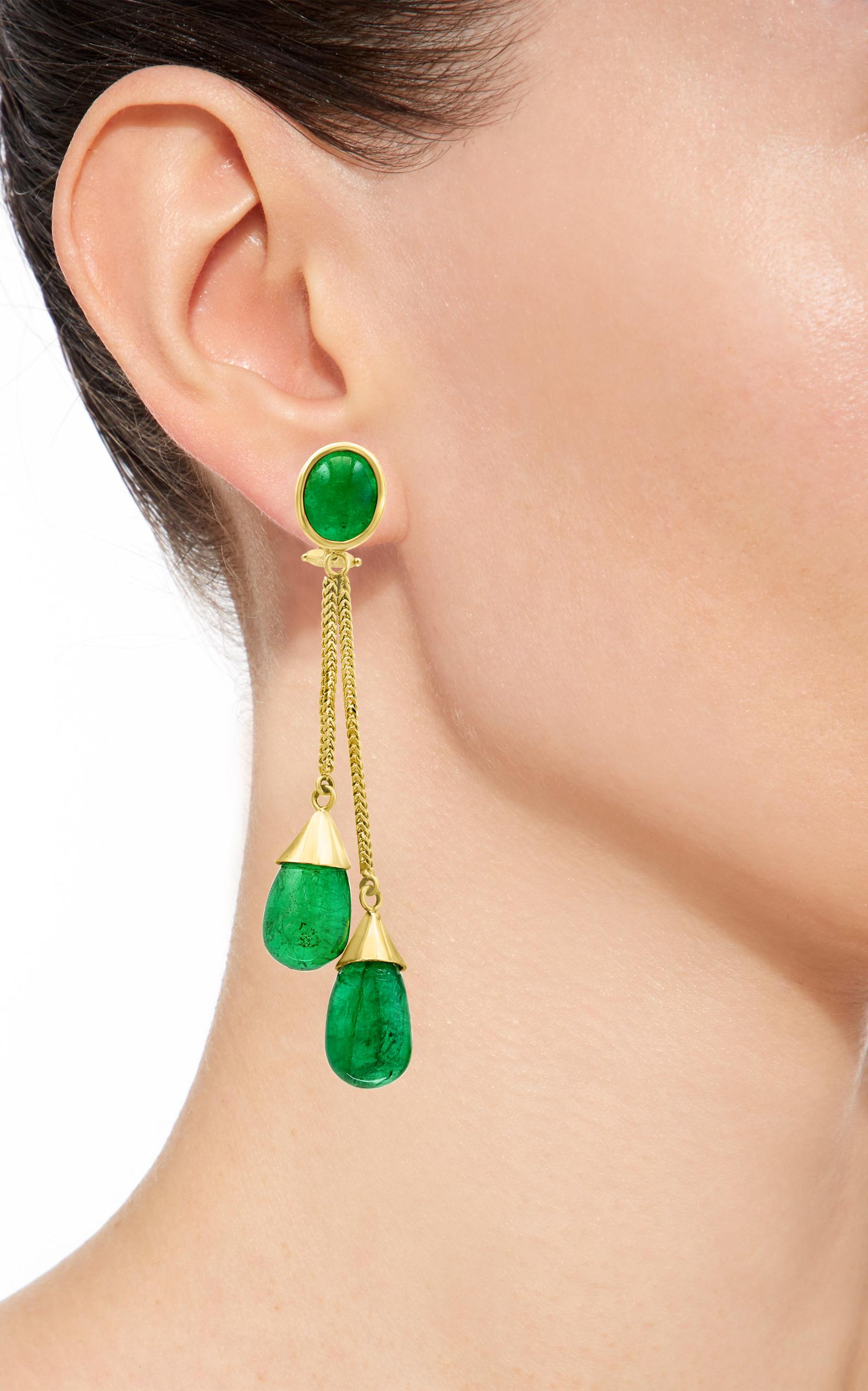 Women's 45 Carat Emerald  Cabochon Drops Hanging/Drop Earrings 18 Karat Yellow Gold