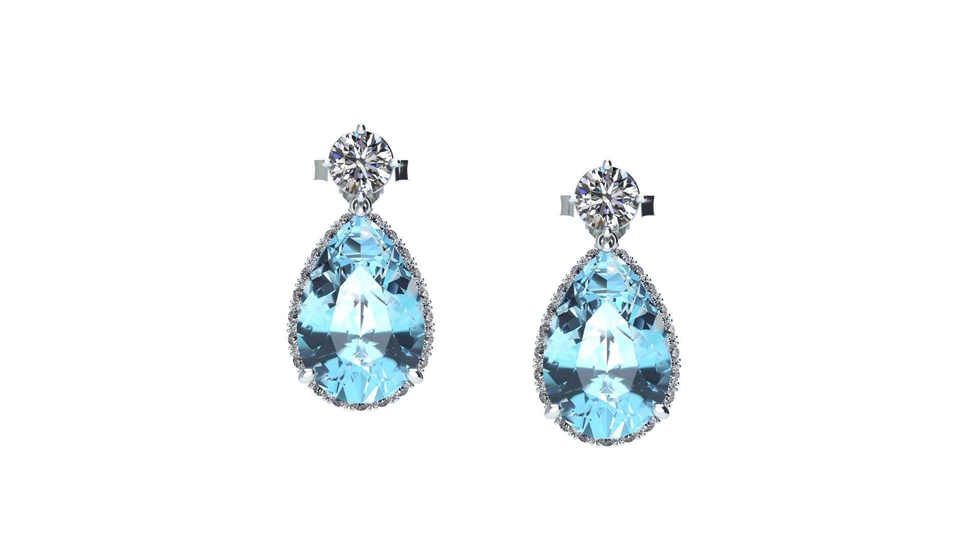 6.61 carats Pear Shape Aquamarine and Diamonds for an approximate total carat weight of 0.80ct of G color, VS clarity, set in Platinum 950 drop dangling earrings
The diamond's halo is designed to be seen from the front and side view of the earrings,