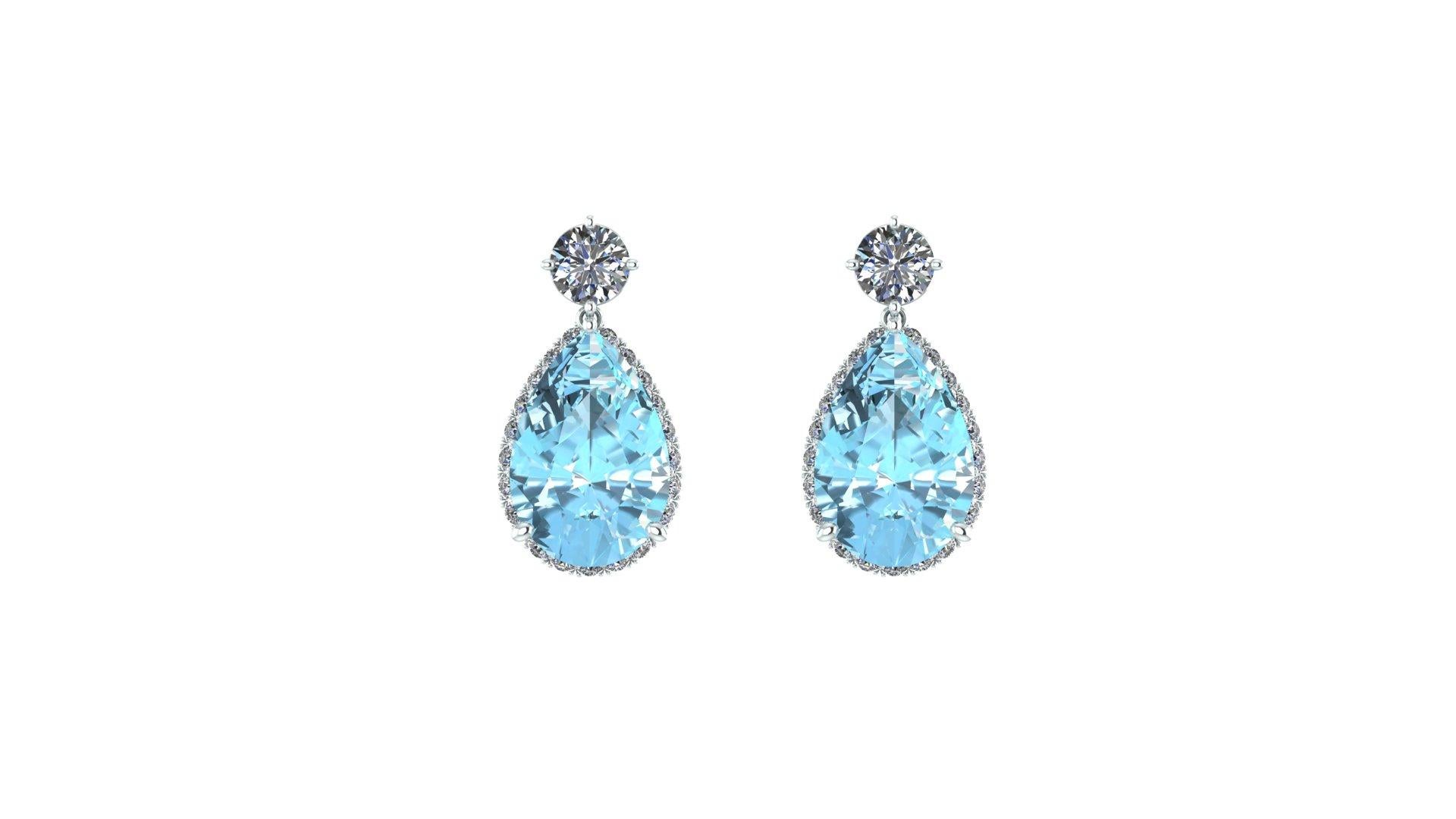 Art Nouveau 6.61 Carats Pear Shape Aquamarine and Diamonds Platinum Drop Dangling Earrings