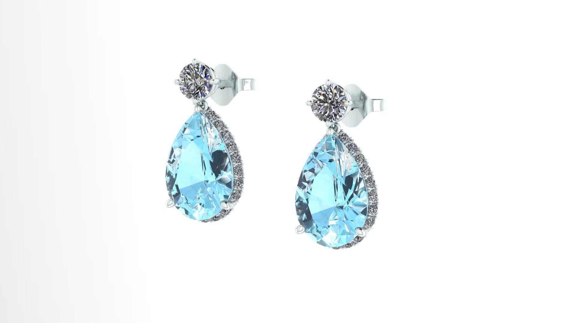 Pear Cut 6.61 Carats Pear Shape Aquamarine and Diamonds Platinum Drop Dangling Earrings