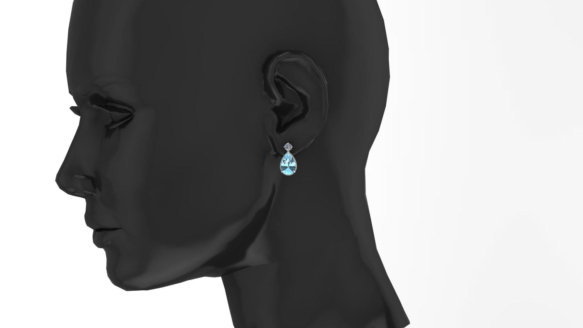 Women's 6.61 Carats Pear Shape Aquamarine and Diamonds Platinum Drop Dangling Earrings