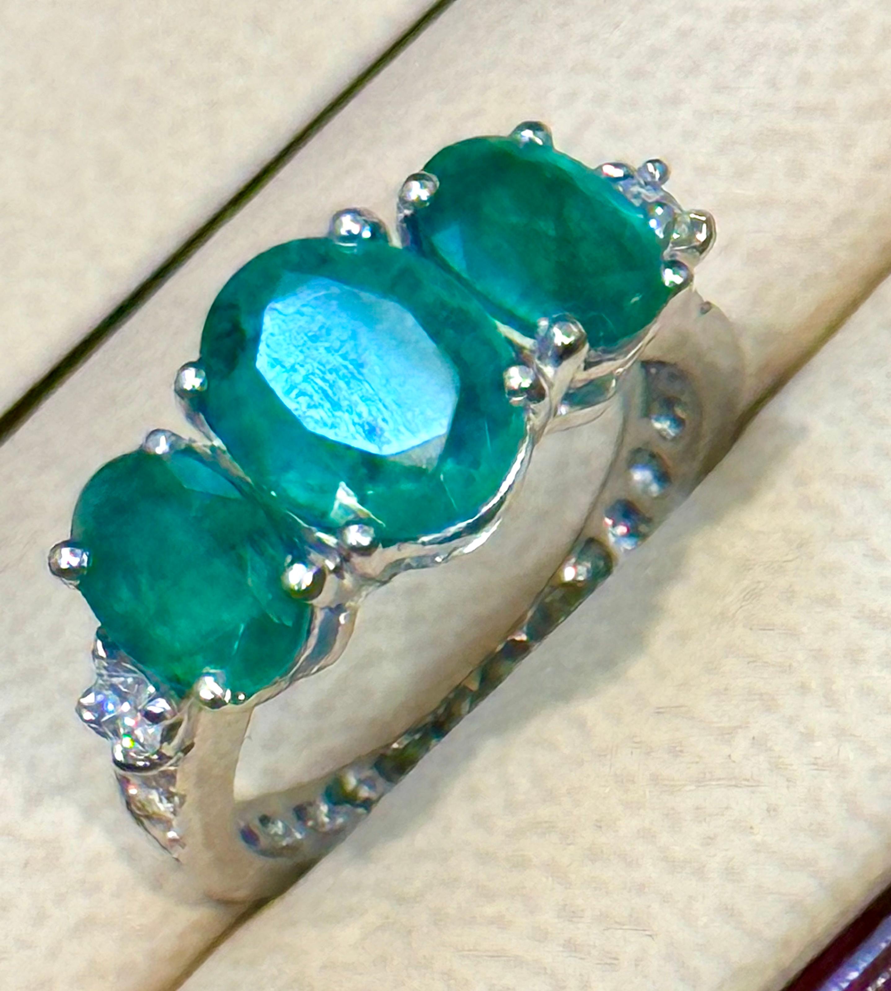 4.5 Ct Emerald Three-Stone Ring Past Present Future Diamond Band Platinum For Sale 6