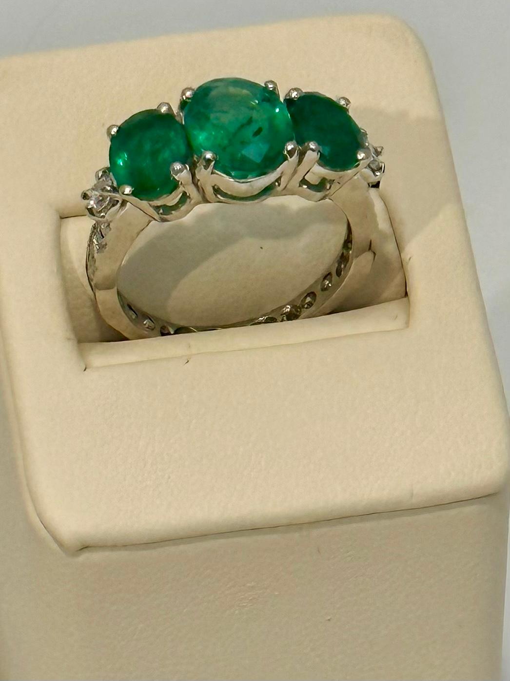 4.5 Ct Emerald Three-Stone Ring Past Present Future Diamond Band Platinum For Sale 8