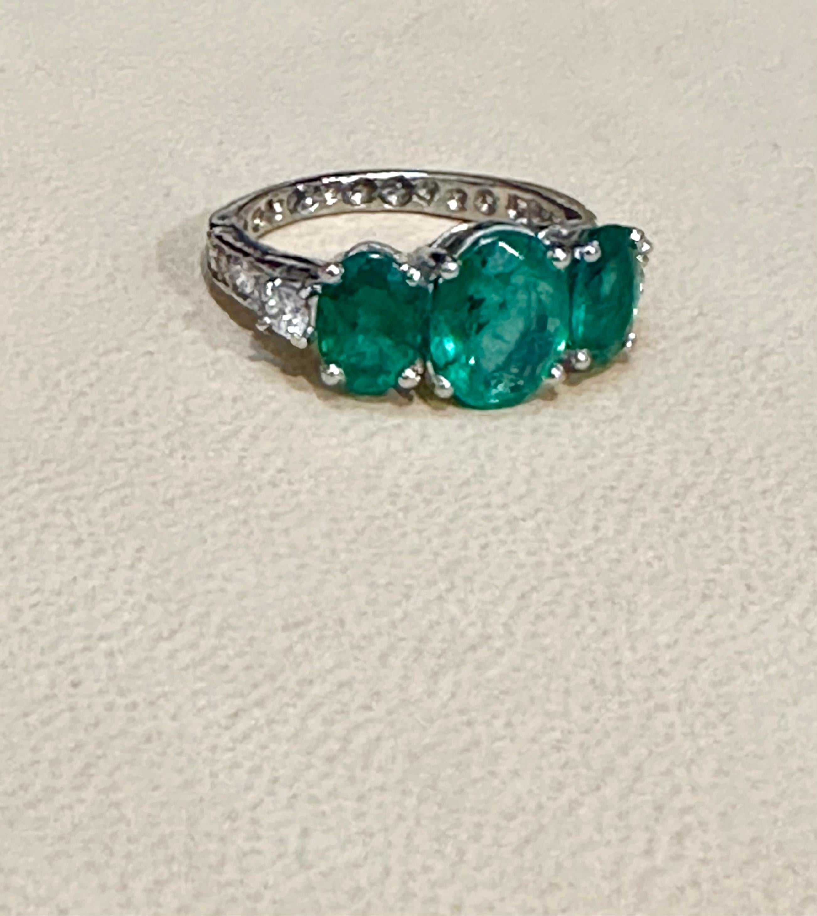 4.5 Ct Emerald Three-Stone Ring Past Present Future Diamond Band Platinum For Sale 3