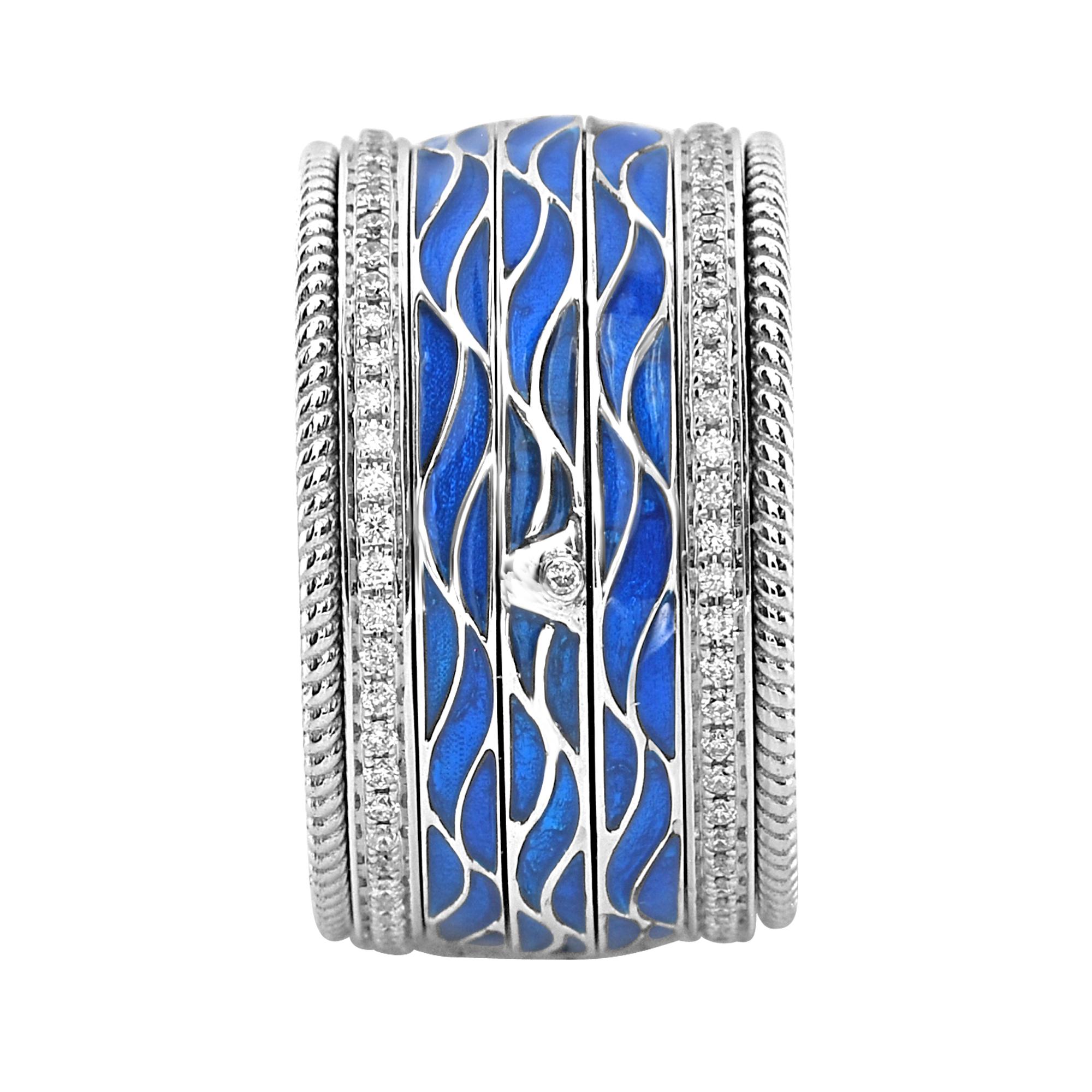 Very Stylish 18k White Gold Band with Blue Wave Pattern Enamel and Two Row Diamond
Total Carat Weight: 0.45 Carats 
White Diamonds; 0.45 Carats (total 121 stones)
Setiting: 19.48 grams, 18k White Gold