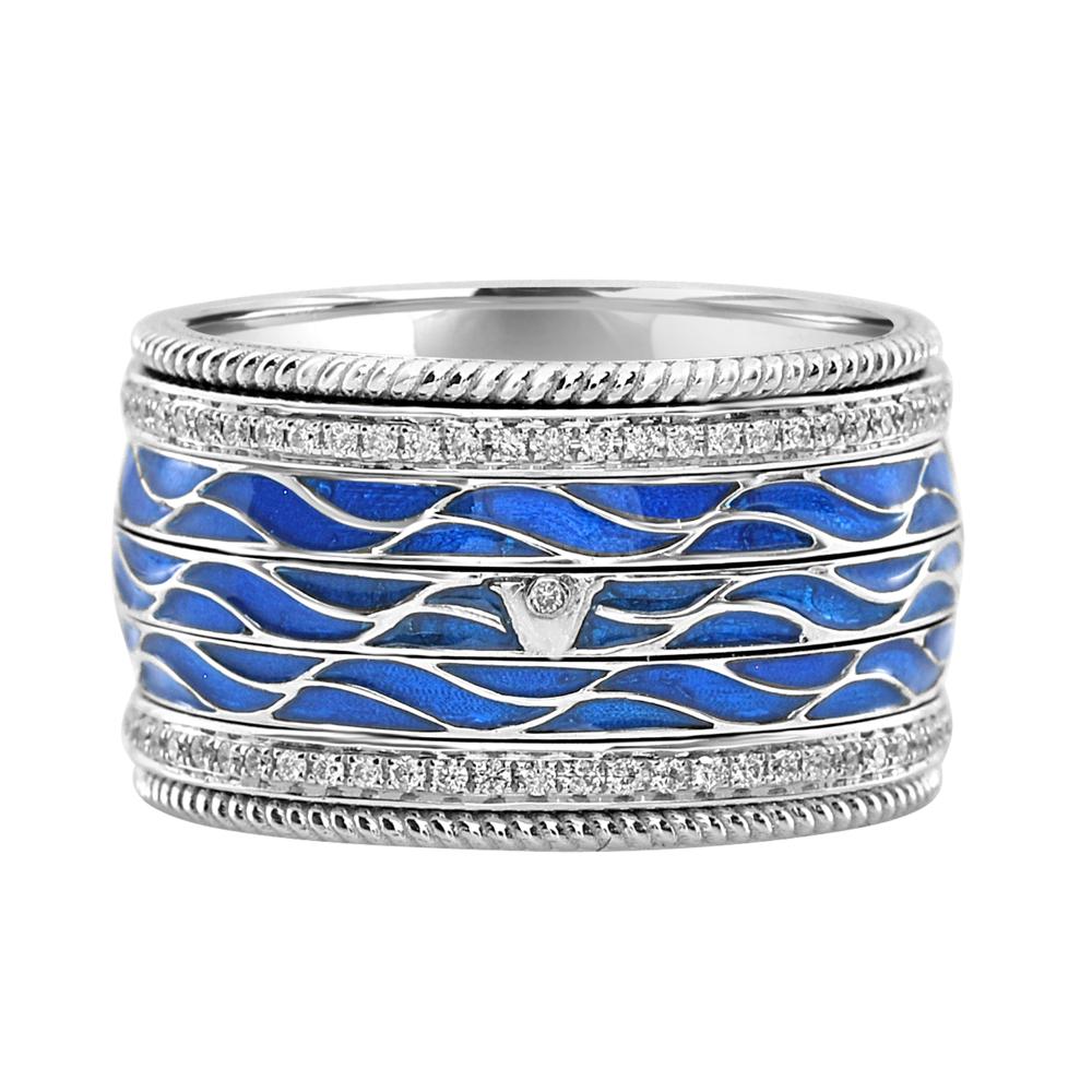 Round Cut 18K White Gold & Enamel Contemporary Band with 0.45 Carat Diamond  For Sale