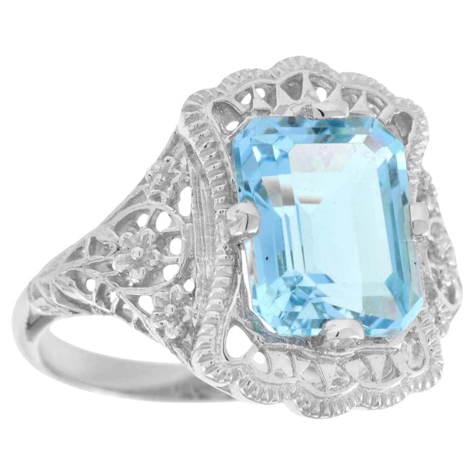 Vintage Style Jewellery Blue Topaz Ring 18K White Gold Plated Vintage Style Jewellery Blue Topaz Ring 18K White Gold Plated