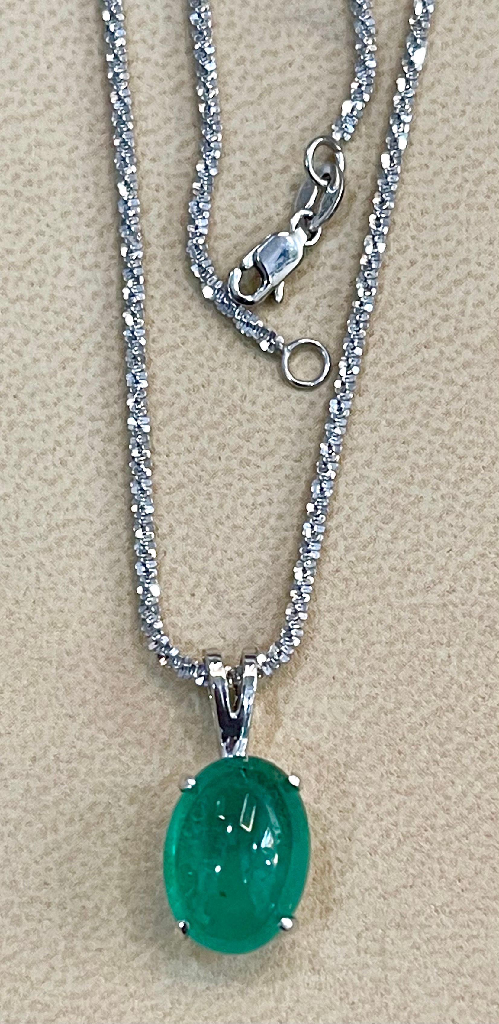 4.5 Ct Natural Emerald Cabochon Pendant with 14 Karat White Gold Necklace 1