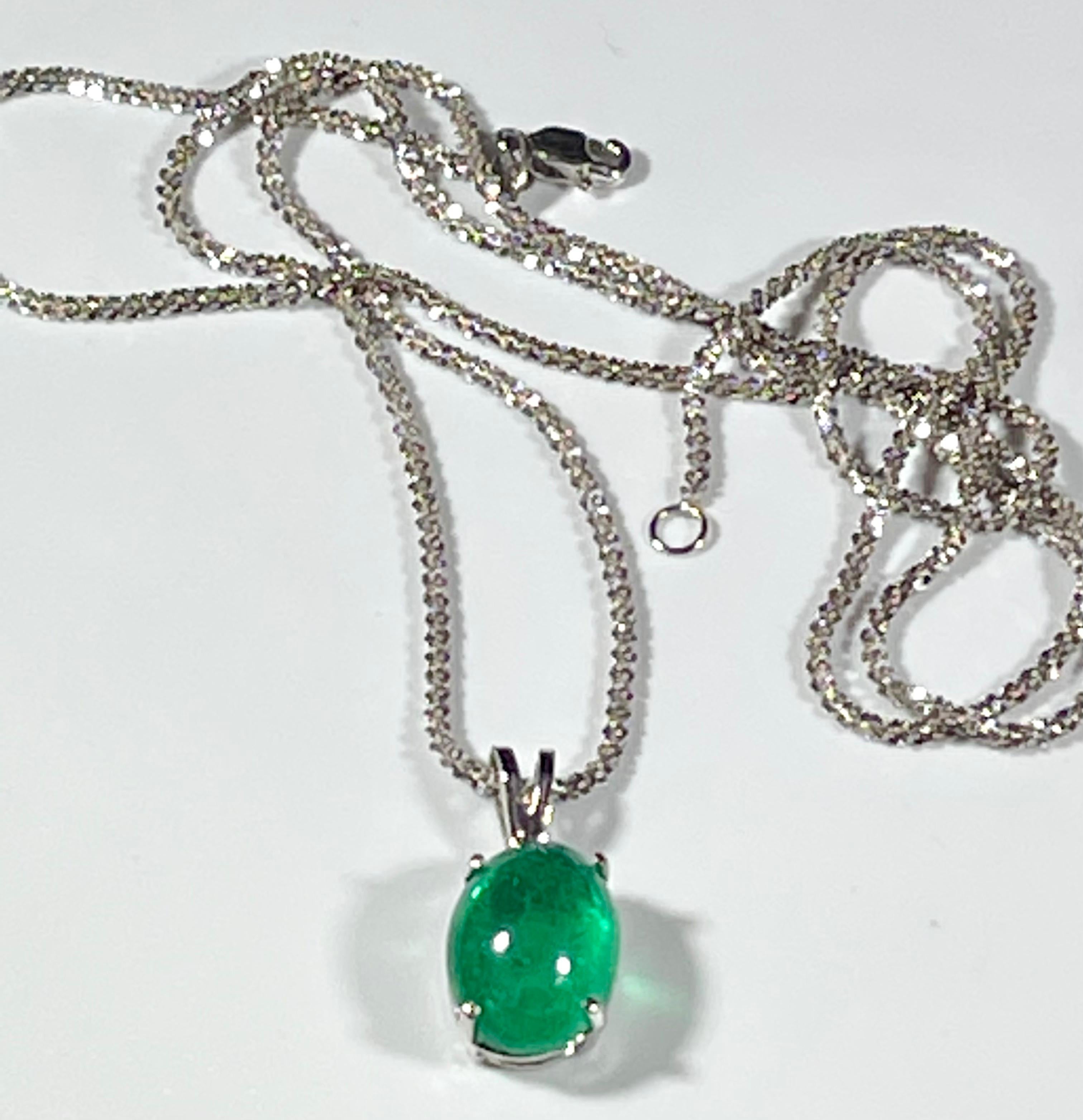 Approximately 4.5 Ct Natural Emerald Cabochon Pendant with 14 Karat White Gold Necklace 21 