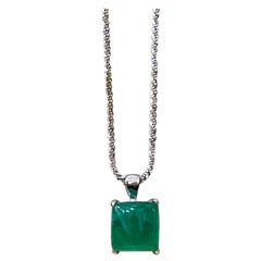 4.5 Ct Natural Emerald Cut Cabochon Pendant + 14 Karat White Gold Necklace