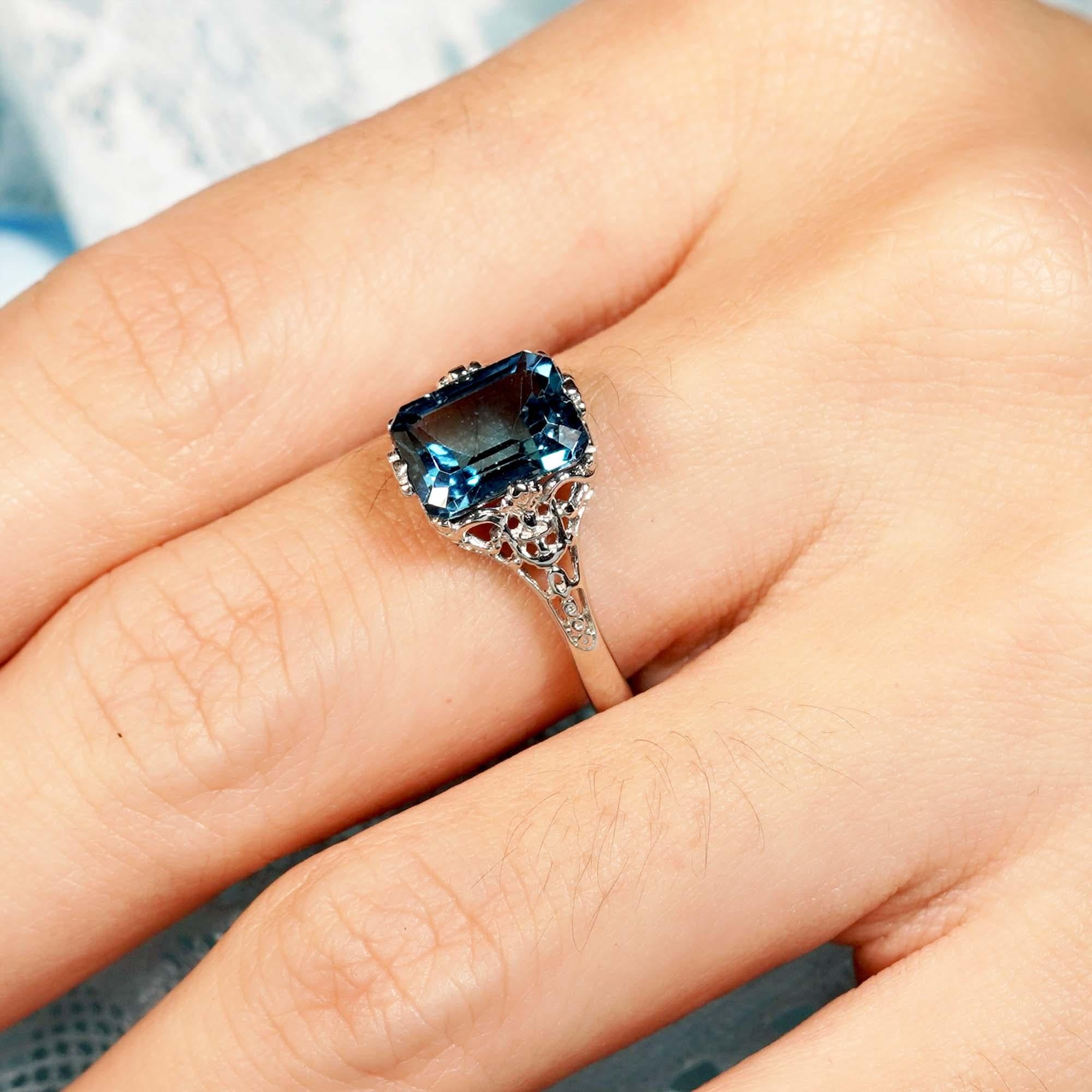 For Sale:  4.5 Ct. Natural London Blue Topaz Vintage Style Solitaire Ring in 9K White Gold 10