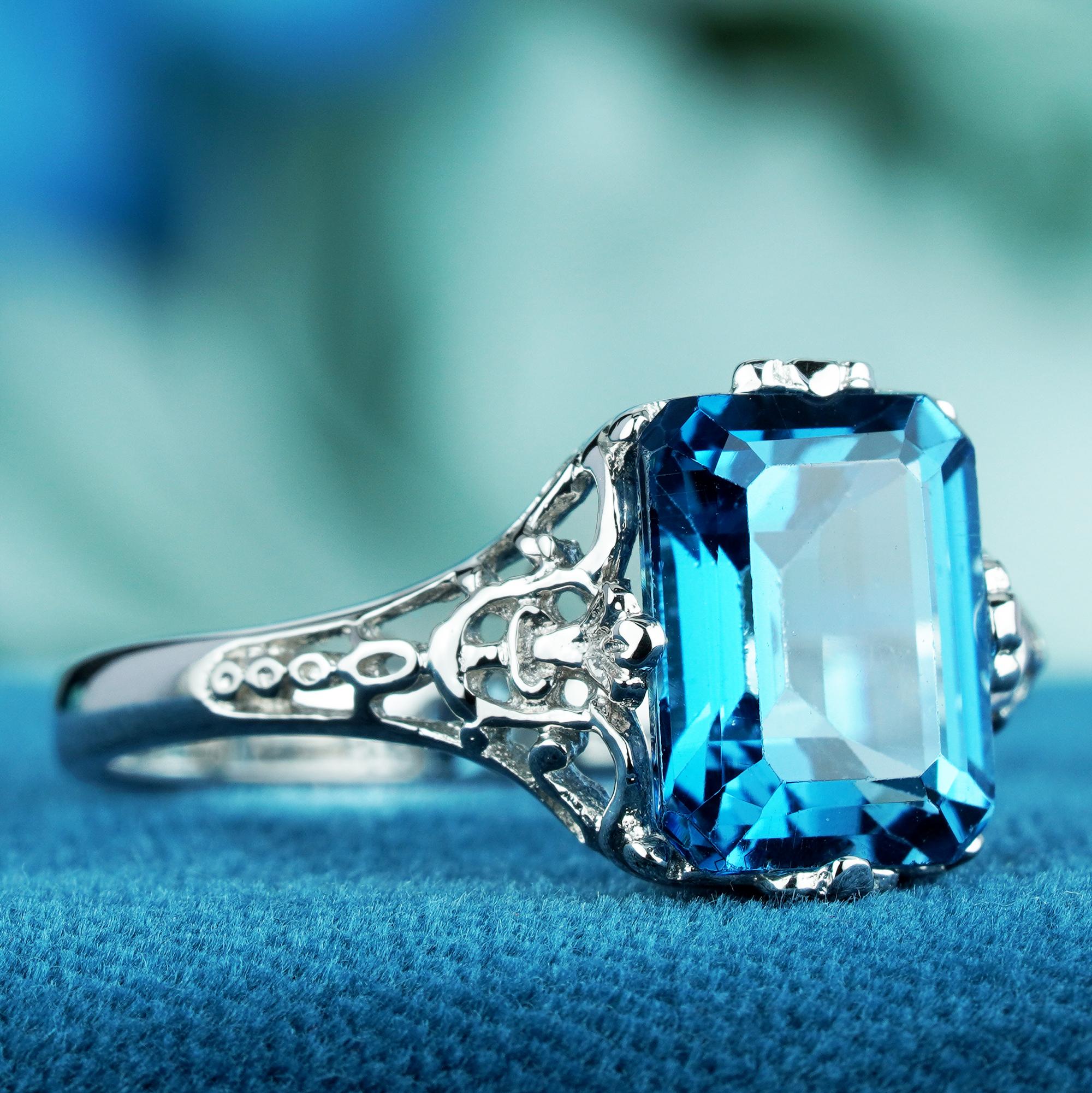 For Sale:  4.5 Ct. Natural London Blue Topaz Vintage Style Solitaire Ring in 9K White Gold 2