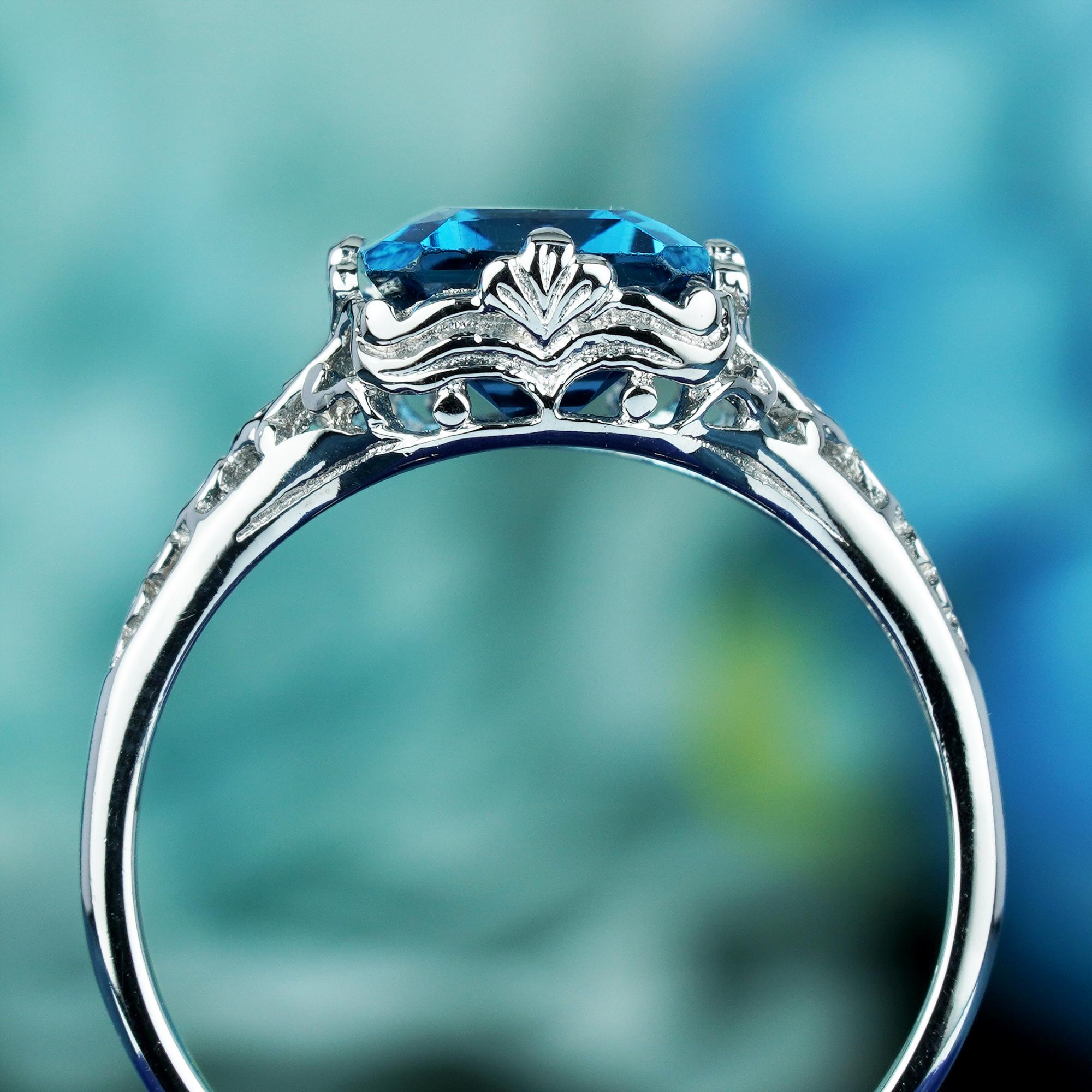 For Sale:  4.5 Ct. Natural London Blue Topaz Vintage Style Solitaire Ring in 9K White Gold 5