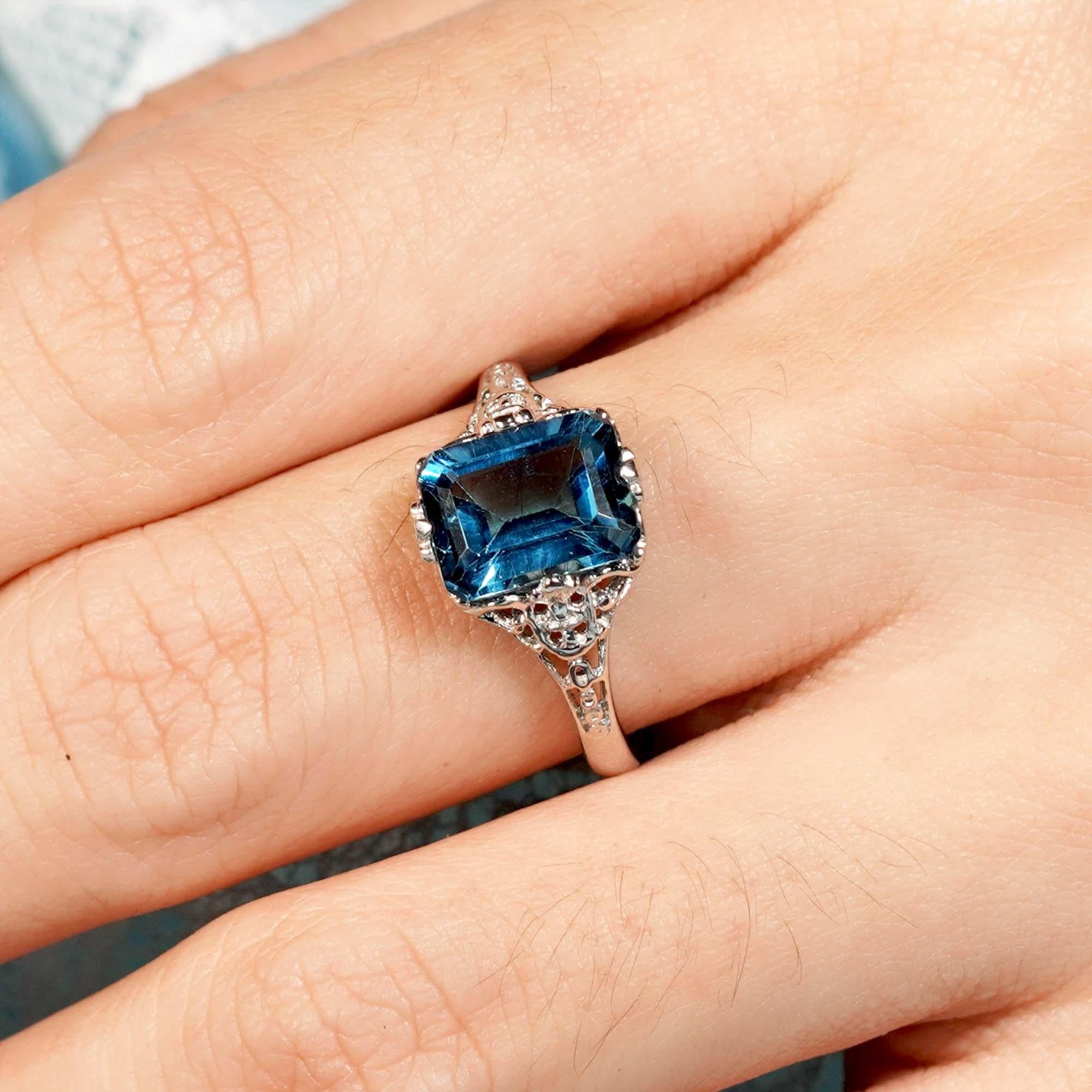 For Sale:  4.5 Ct. Natural London Blue Topaz Vintage Style Solitaire Ring in 9K White Gold 8